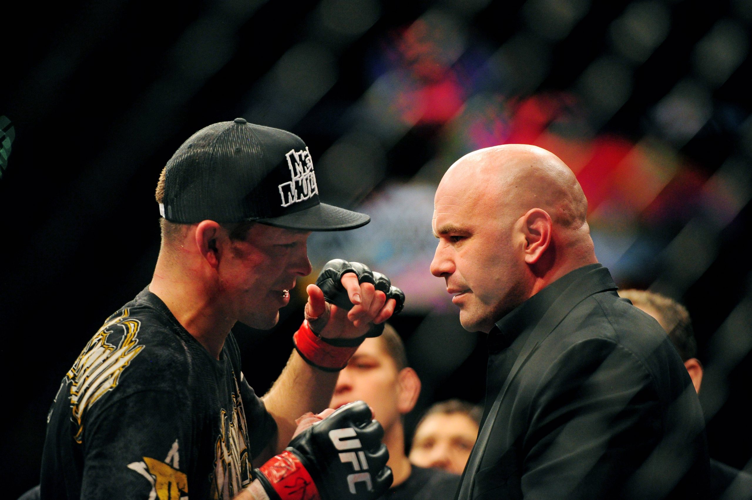 US PRESSWIRE Sports Dec. 30, 2011; Las Vegas, NV, USA; UFC fighter Nate Diaz (left) talks with UFC president Dana White after winning a lightweight...