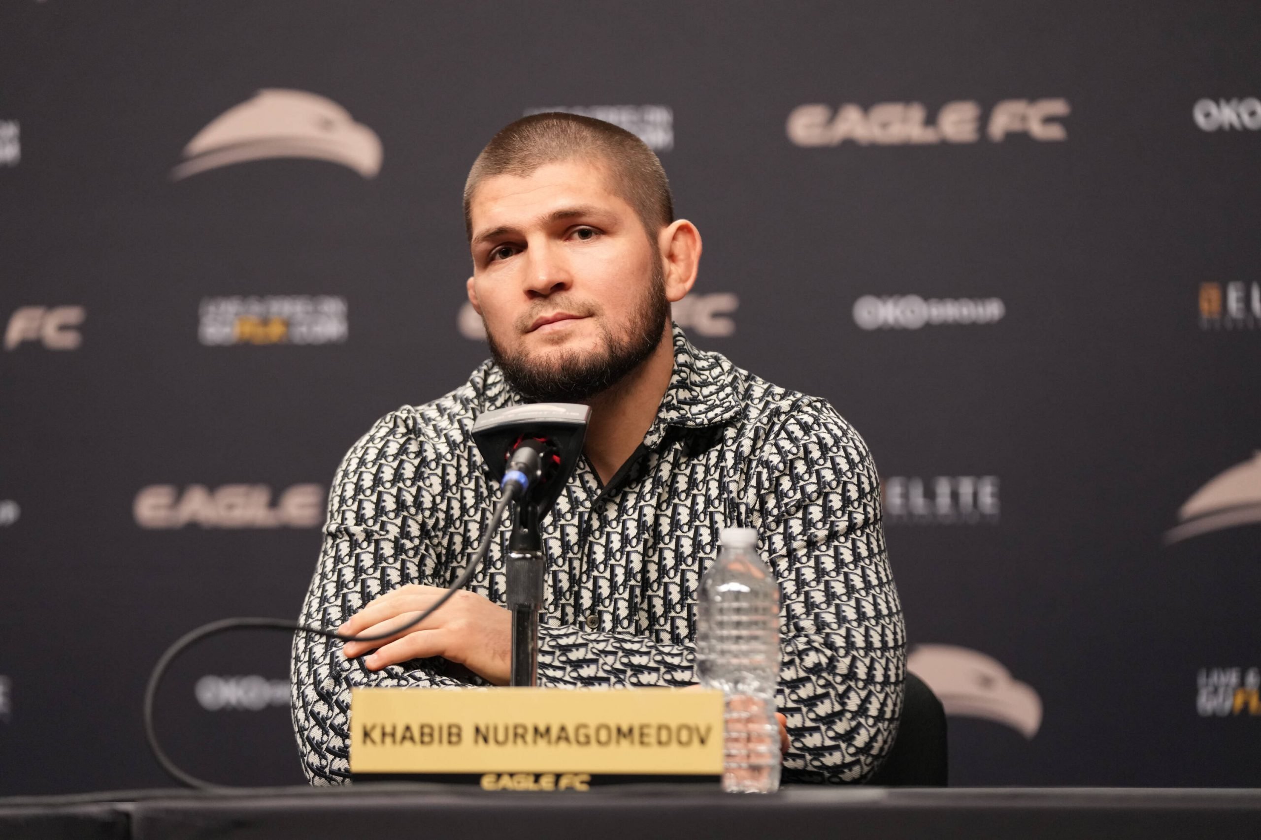 Khabib Nurmagomedov speaks with the press during the Eagle FC 44 - Spong vs Kharitonov event at FLX Cast Arena on January 27, 2022 in MIAMI, FL, Un...