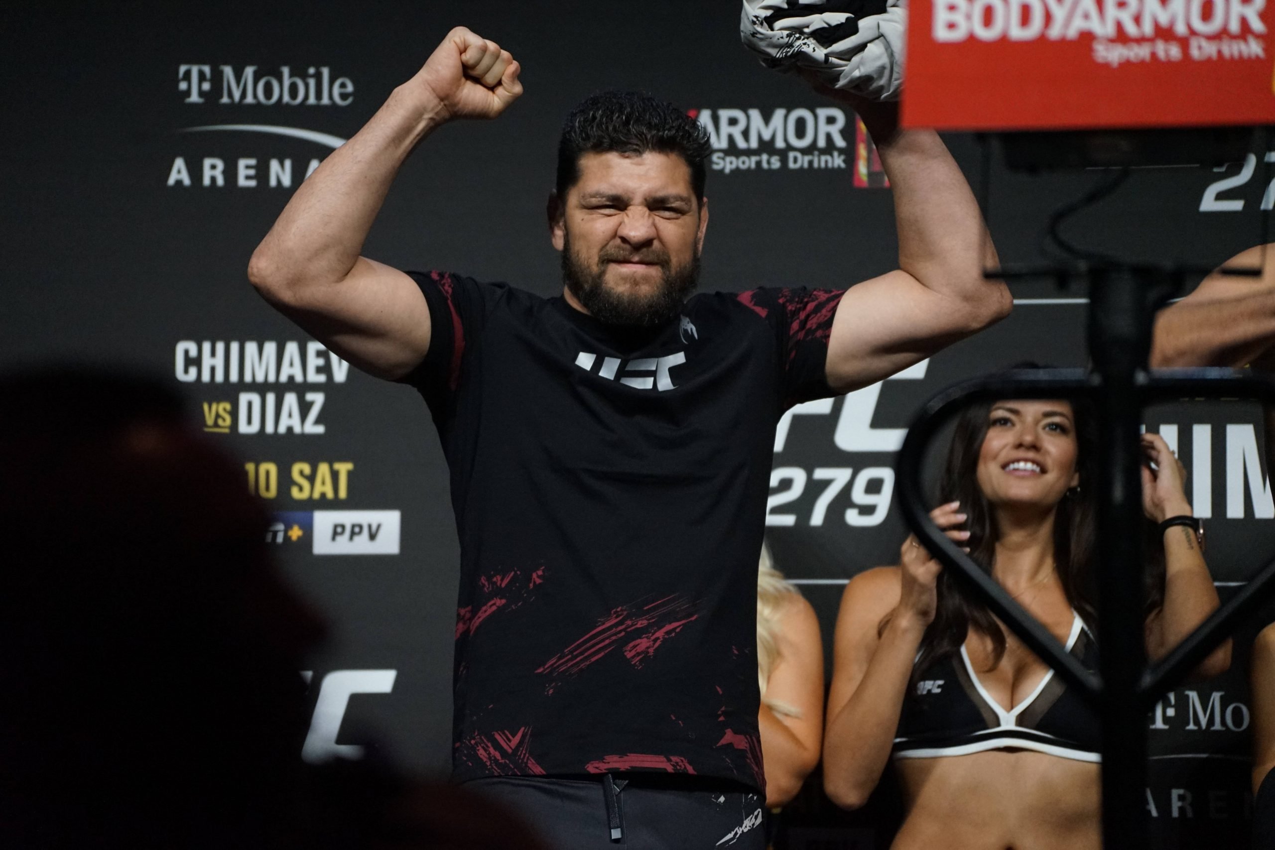 Nate Diaz's brother Nick Diaz appears on stage at the UFC 279 ceremonial weigh-ins on September 9, 2022, at the MGM Grand Arena in Las Vegas, NV. (...