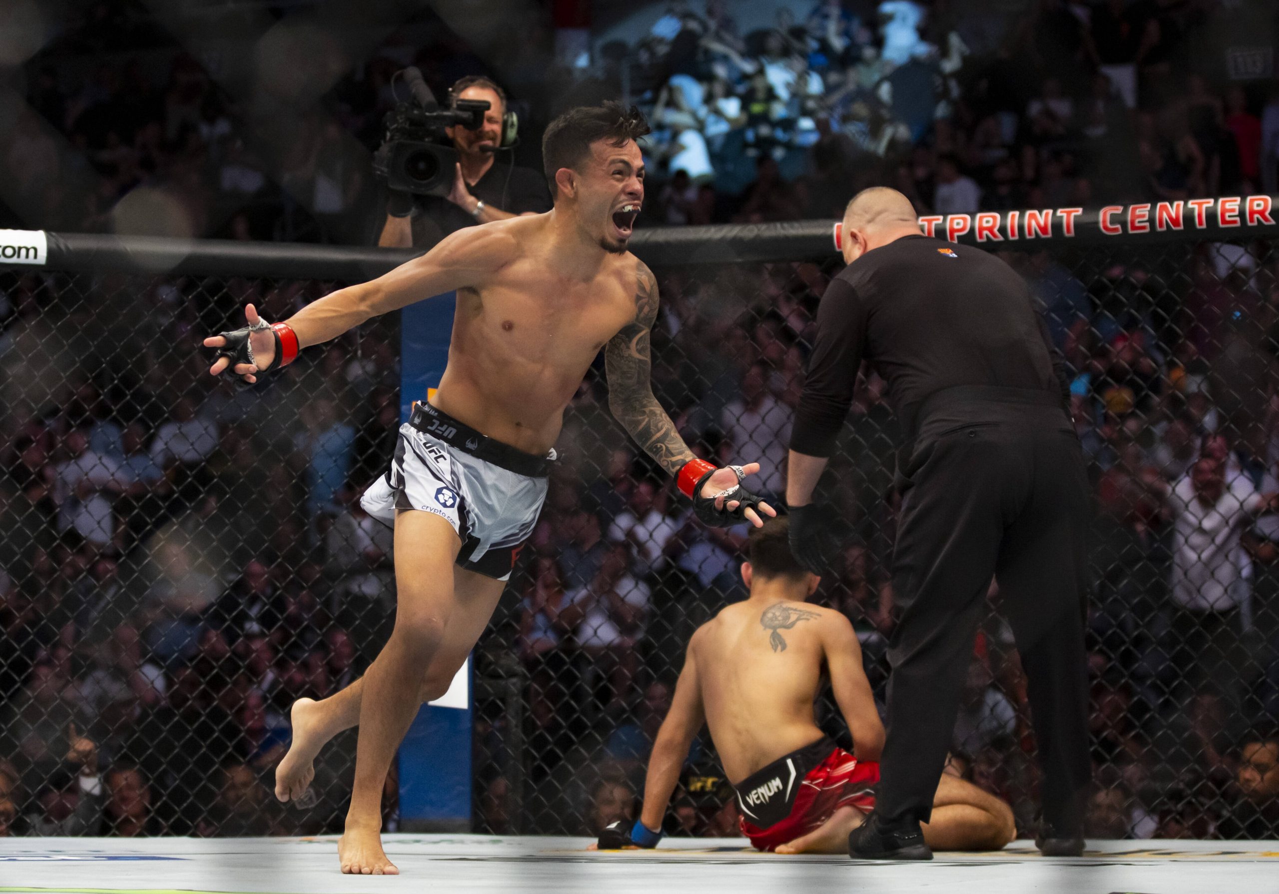MMA: UFC 274-Royval vs Schnell, May 7, 2022; Phoenix, Arizona, USA; Brandon Royval celebrates after defeating Matt Schnell during UFC 274 at Footpr...