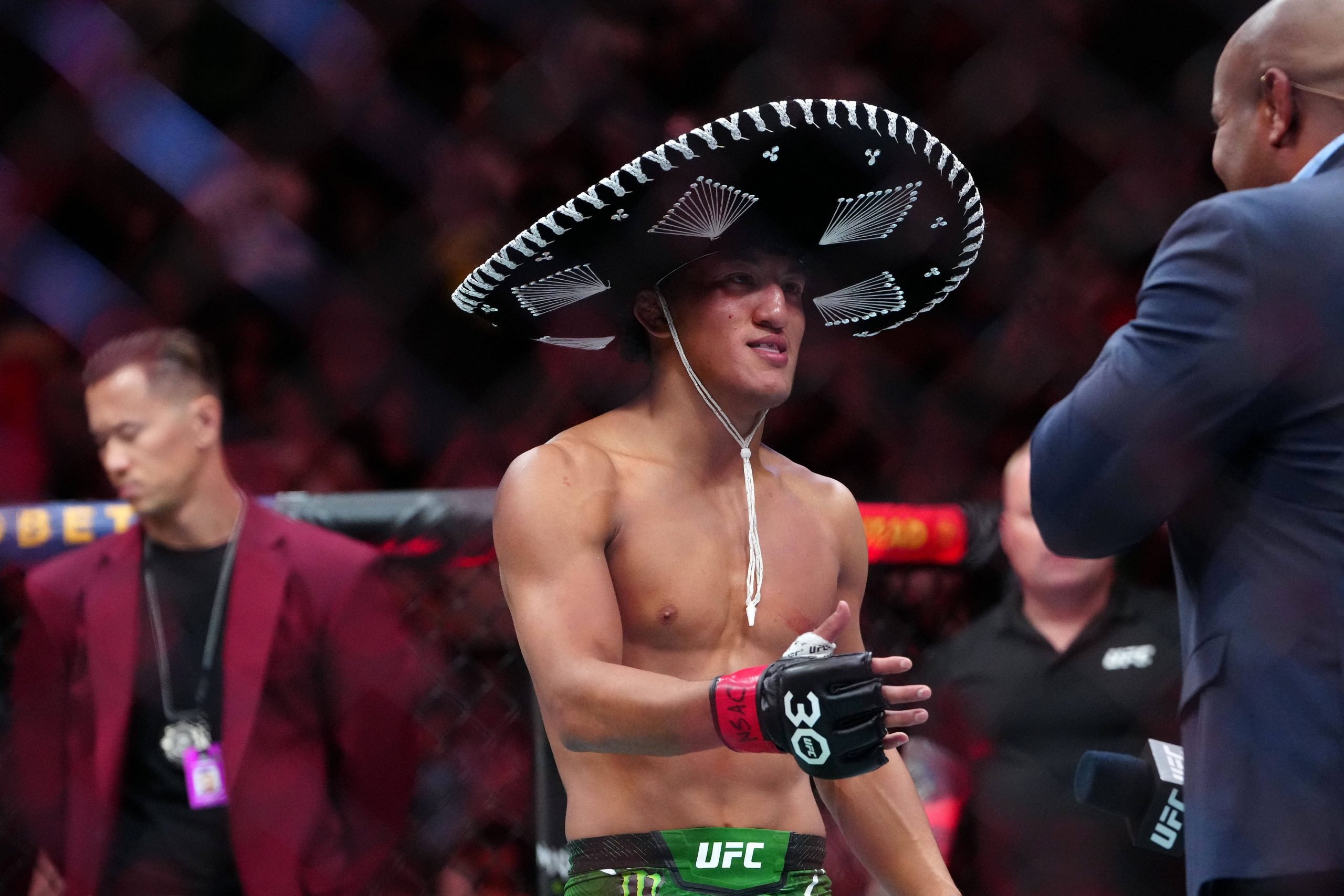 Raul Rosas Jr. (red gloves) reacts after defeating Terrence Mitchell (not pictured) during UFC Fight Night at T-Mobile Arena. Las Vegas T-Mobile Ar...