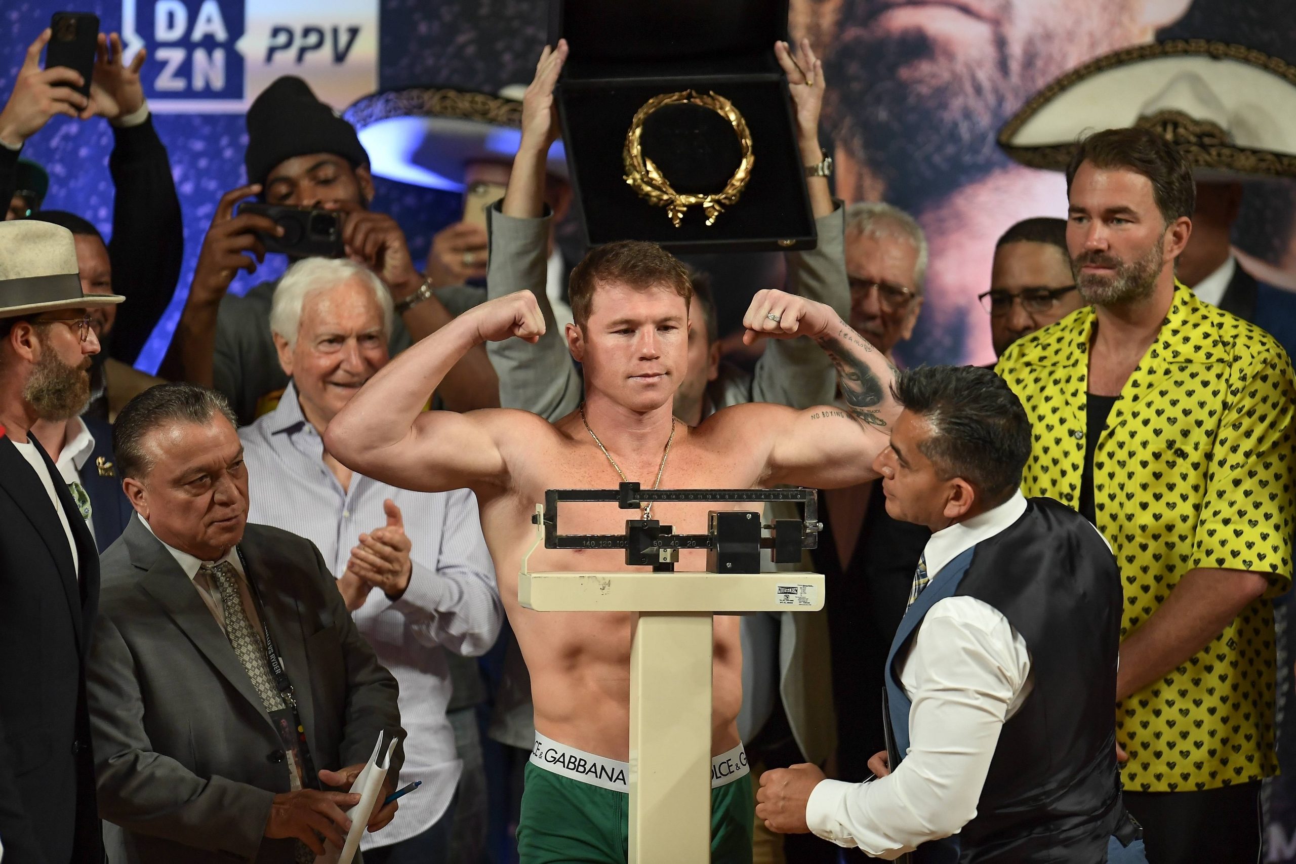 RECORD DATE NOT STATED Boxeo 2023 Saul - Canelo Alvarez (MEX) vs John Ryder (ENG) Weigh-in ceremony Saul -Canelo- Alvarez (MEX) and Mexican Singer ...