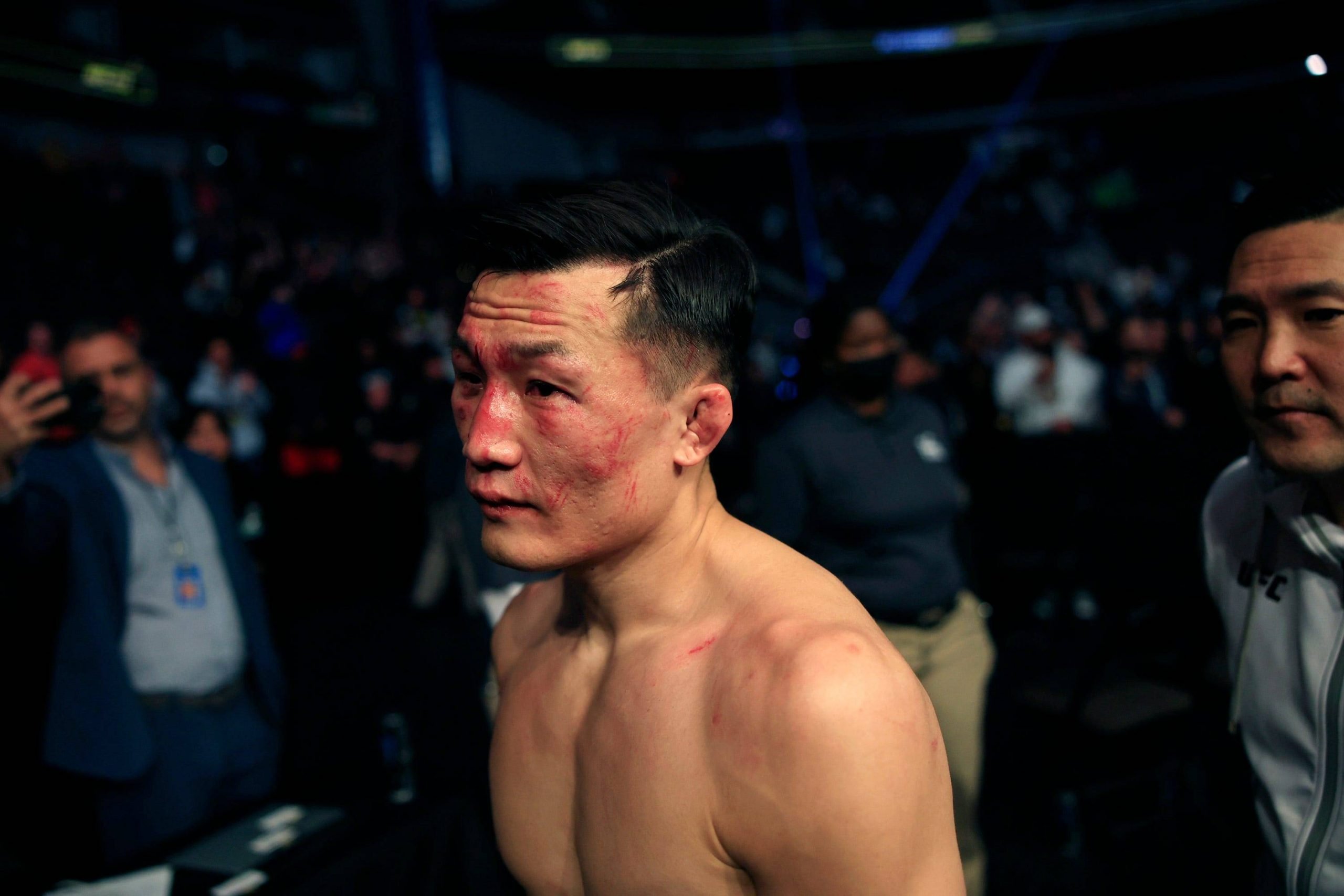 Chan Sung Jung, aka The Korean Zombie, leaves the arena after being KOed TKOed in the fourth round against Alexander Volkanovski Saturday, April 9,...