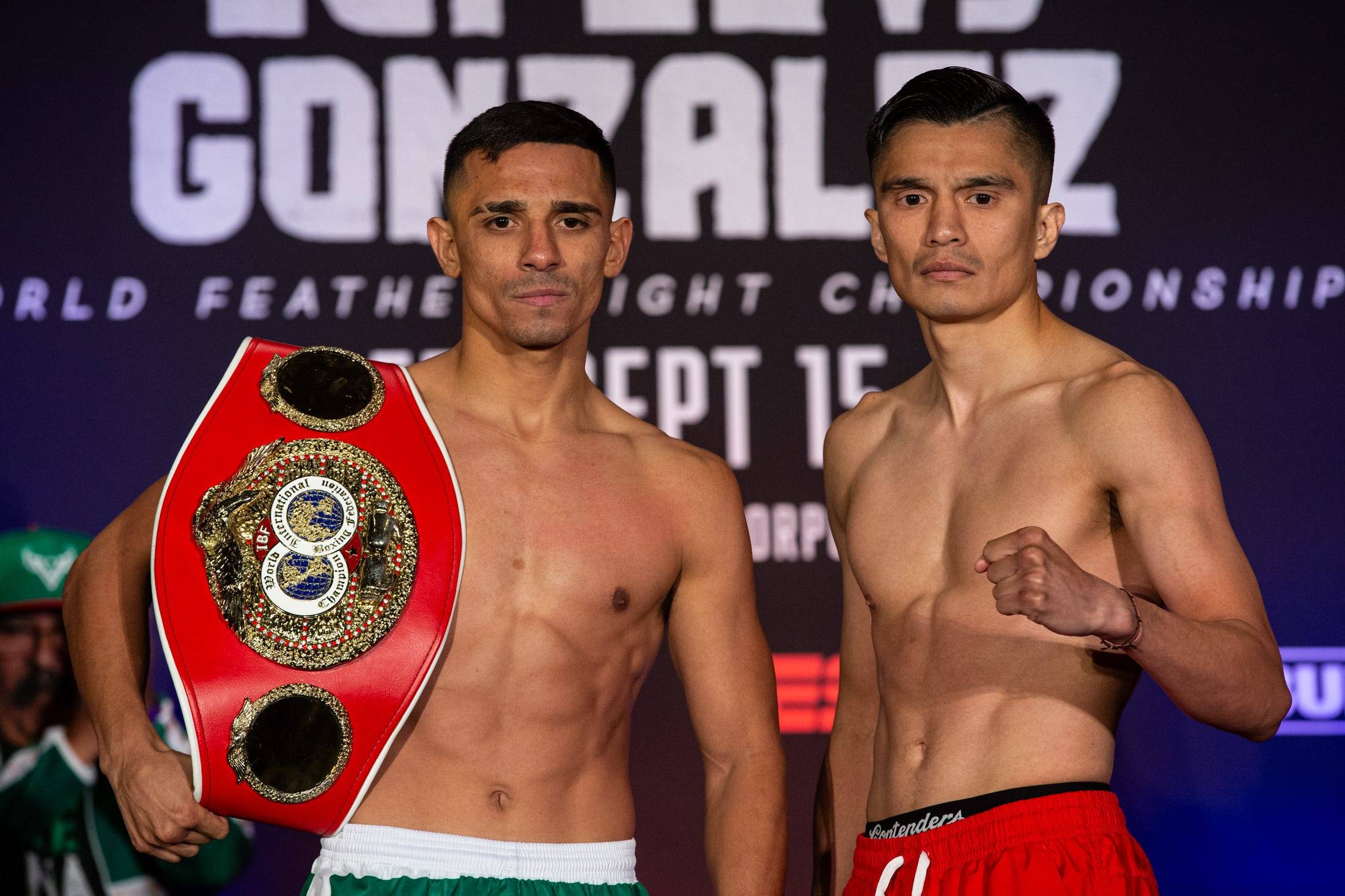 Luis Alberto Lopez and Joet Gonzalez faceoff during weigh-ins ahead of their fight on Sept. 15.