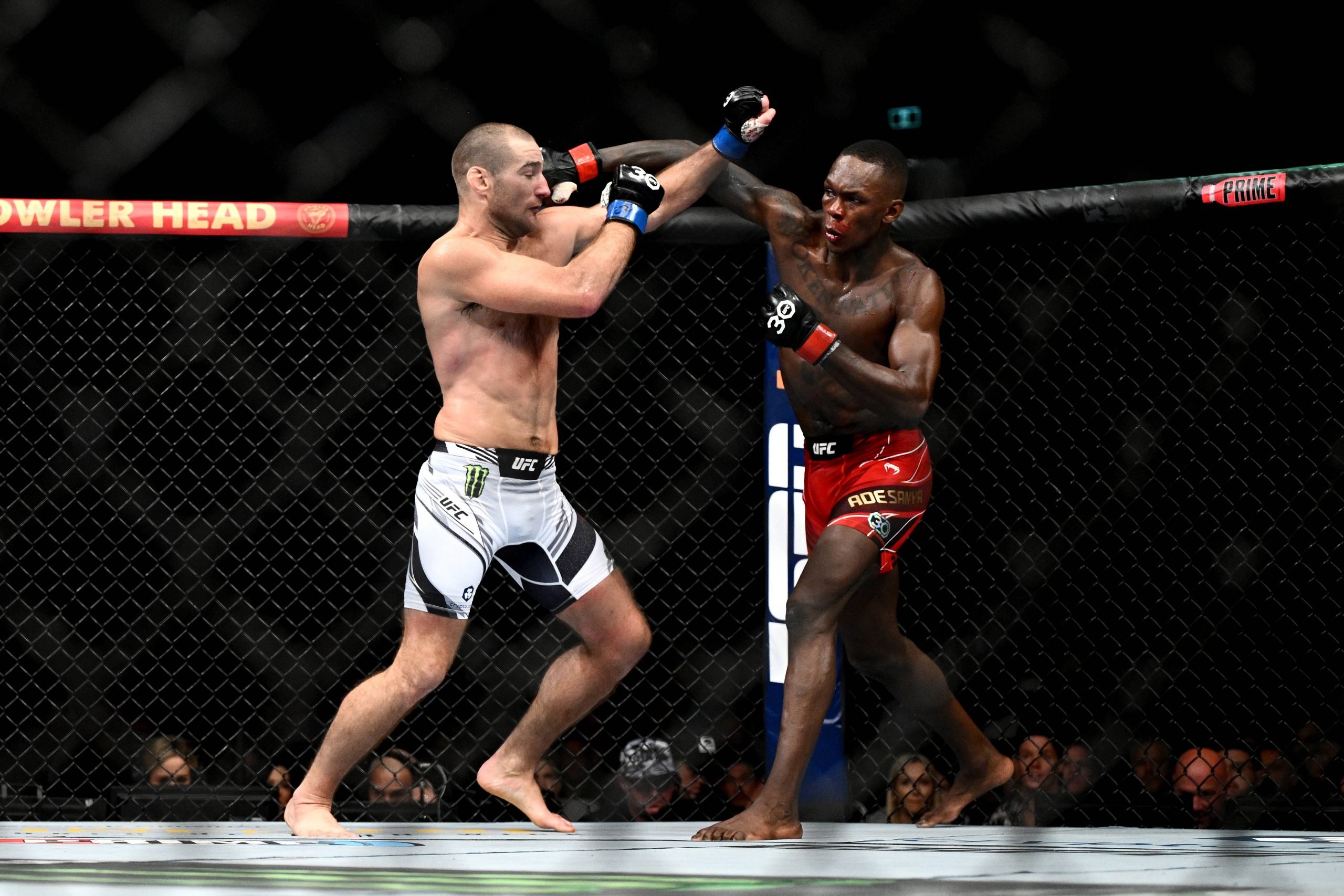 UFC 293 SYDNEY, Israel Adesanya of Nigeria (right) and Sean Strickland of the USA during the Middleweight Title bout of UFC 293 at Qudos Bank Arena...