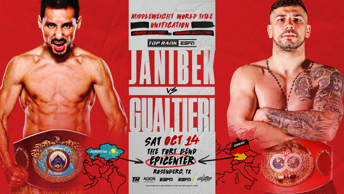Janibek Alimkhanuly vs. Vincenzo Gualtieri fight poster.