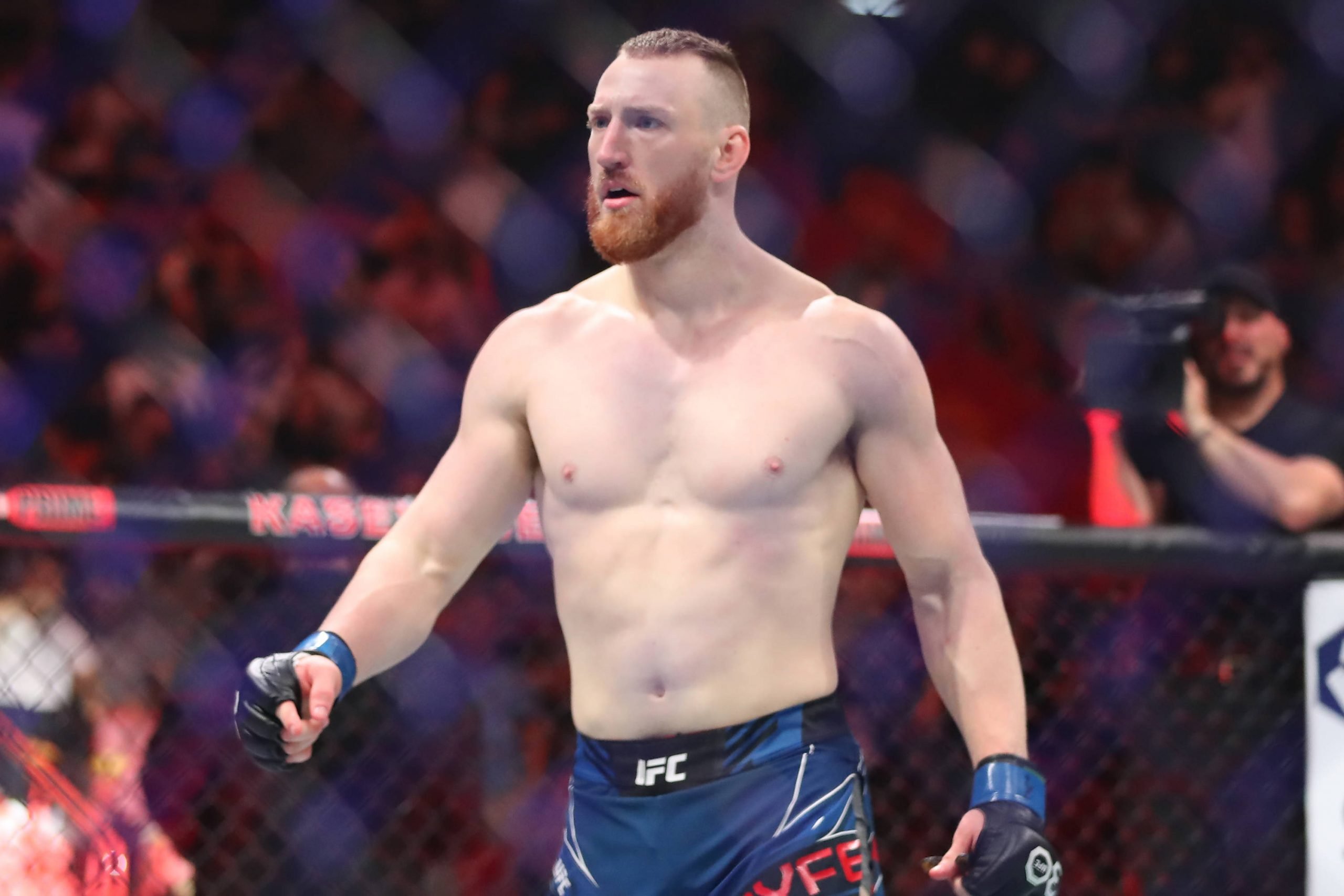 Joe Pyfer celebrates his victory over Gerald Meerschaert in their middleweight fight during the UFC 287 event at Kaseya Center on April 8, 2023 in ...
