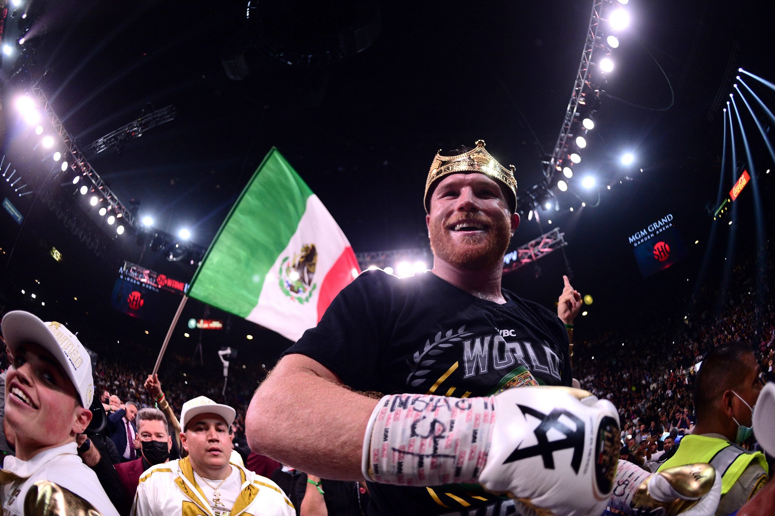 Boxing: Canelo vs Plant, Nov 6, 2021; Las Vegas, Nevada, USA; Canelo Alvarez celebrates after knocking out Caleb Plant (not pictured) during their ...