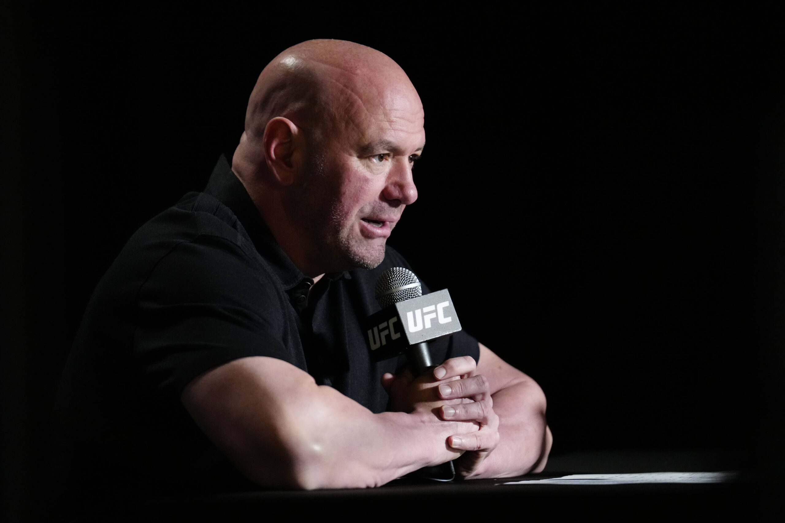 May 20, 2023, LAS VEGAS, LAS VEGAS, NV, United States: LAS VEGAS, NV - May 20: Dana White speaks with the press following the event at UFC Apex for...