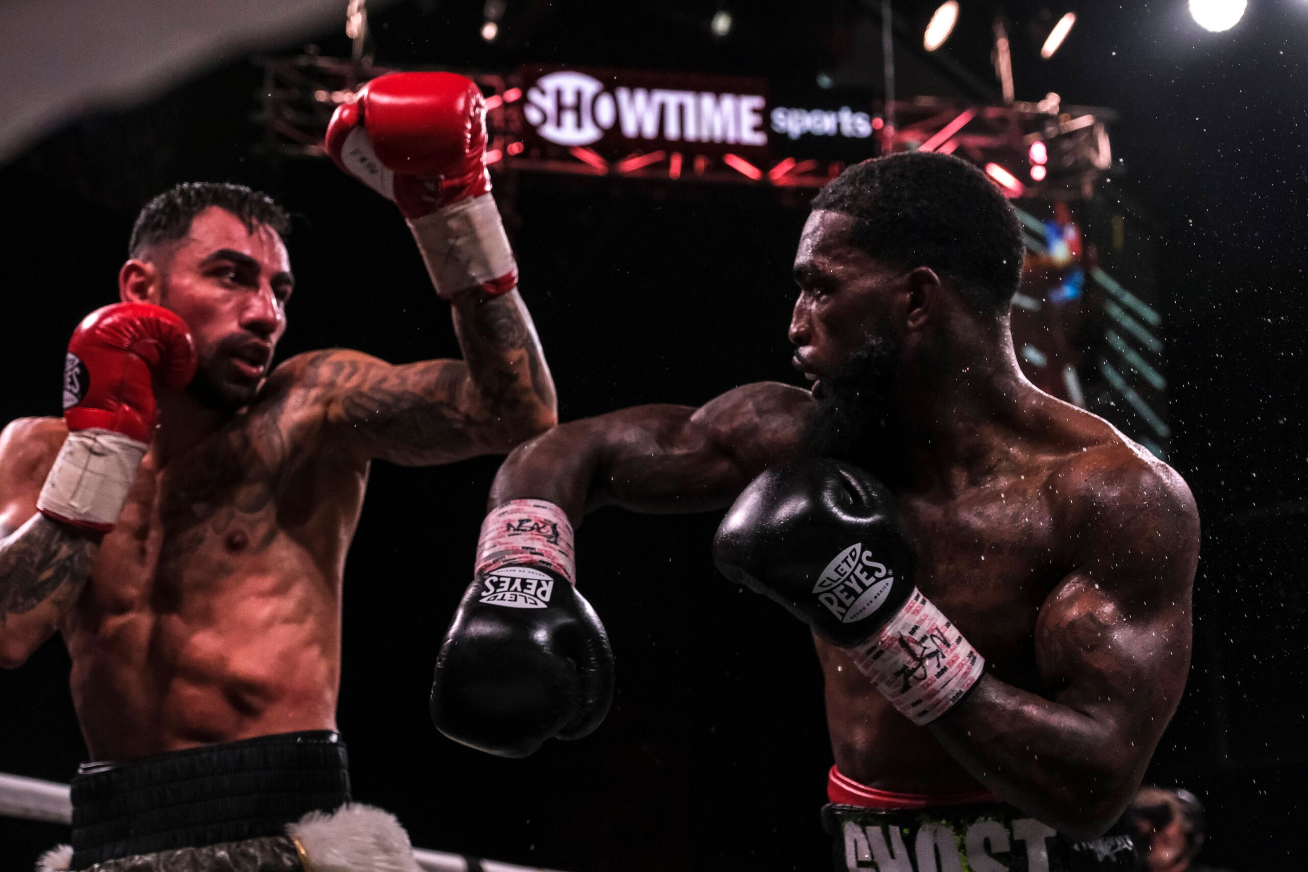 July 14, 2023, Las Vegas, Nevada, USA: Action between Frank Martin (18-0 12 KOs green trunks with whit tassels) and Artem Harutyunyan (12-1). Marti...