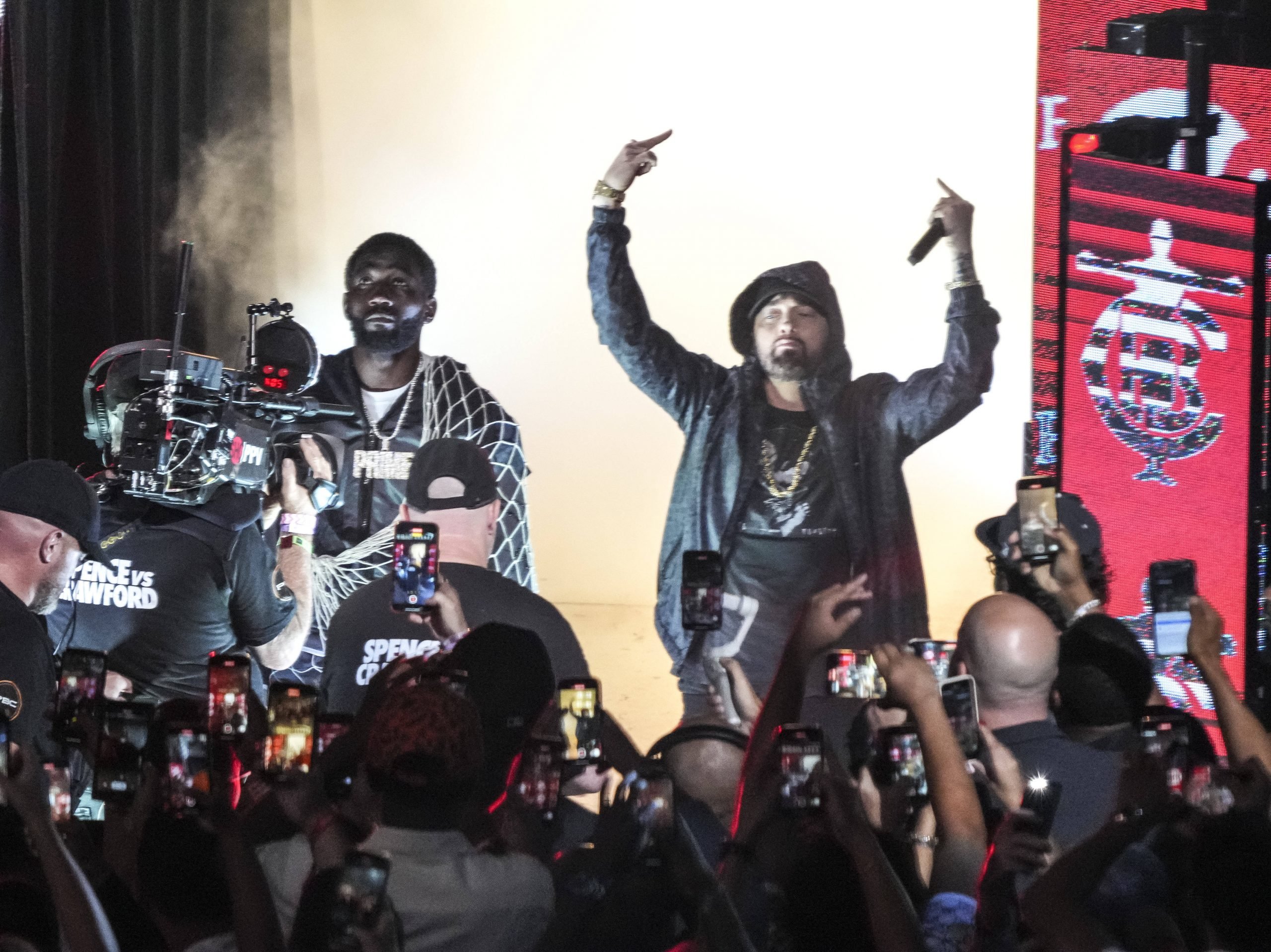 July 29, 2023, Las Vegas, Nevada, USA: Rap star Eminem accompanies WBO welterweight boxing champion Terence Crawford as he makes his way into the r...