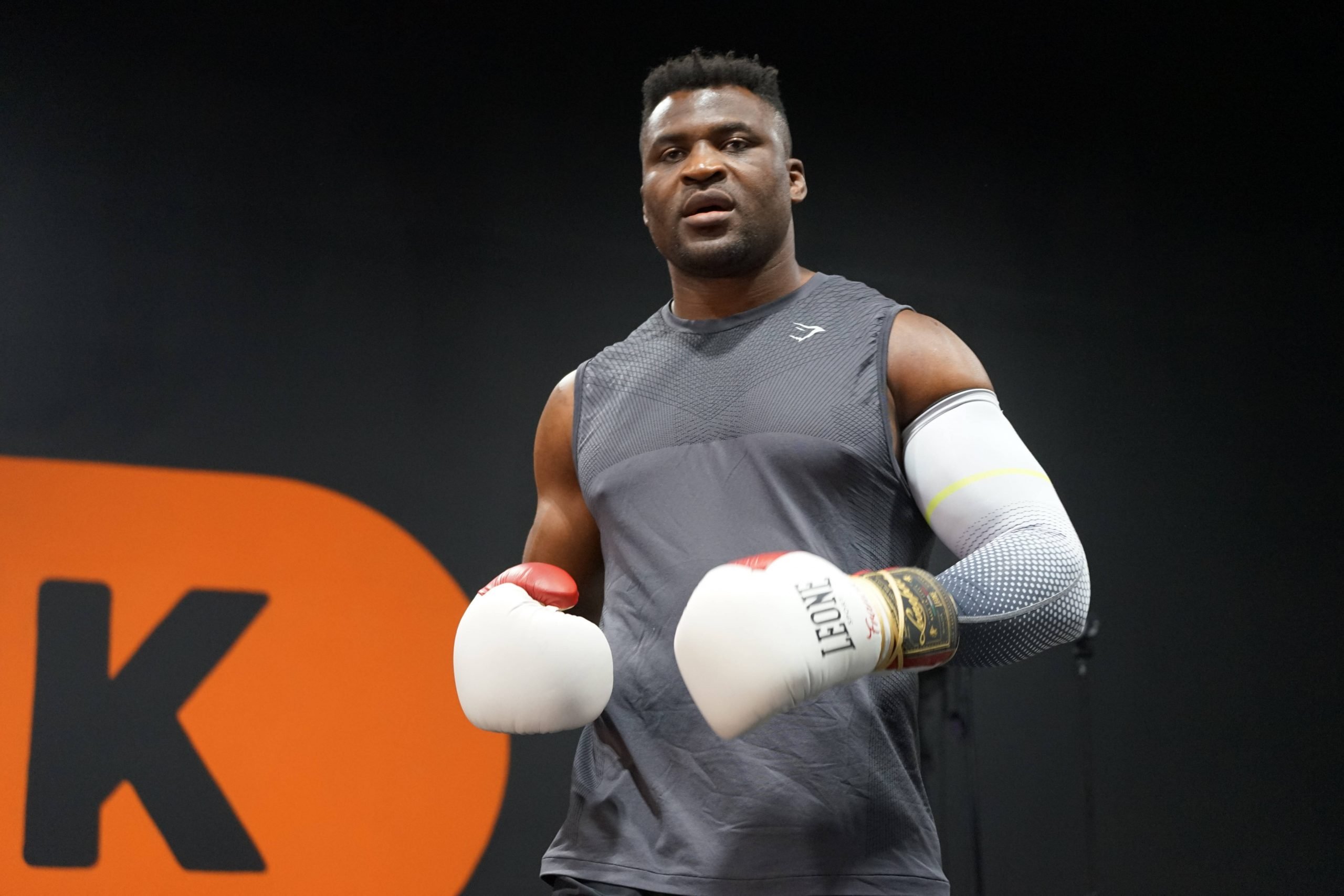 LAS VEGAS, NV - SEPTEMBER 26: Francis Ngannou at the Tyson Fury vs. Francis Ngannou open workout on September 26, 2023, at Ngannou™s private gym in...