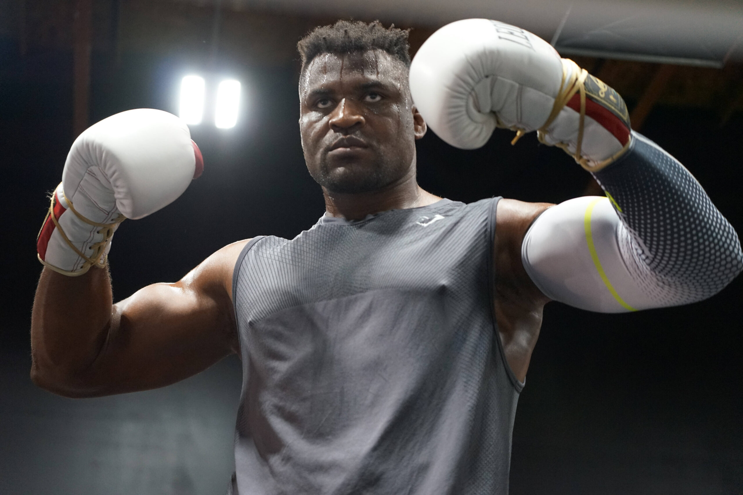 LAS VEGAS, NV - SEPTEMBER 26: Francis Ngannou at the Tyson Fury vs. Francis Ngannou open workout on September 26, 2023, at Ngannou™s private gym in...