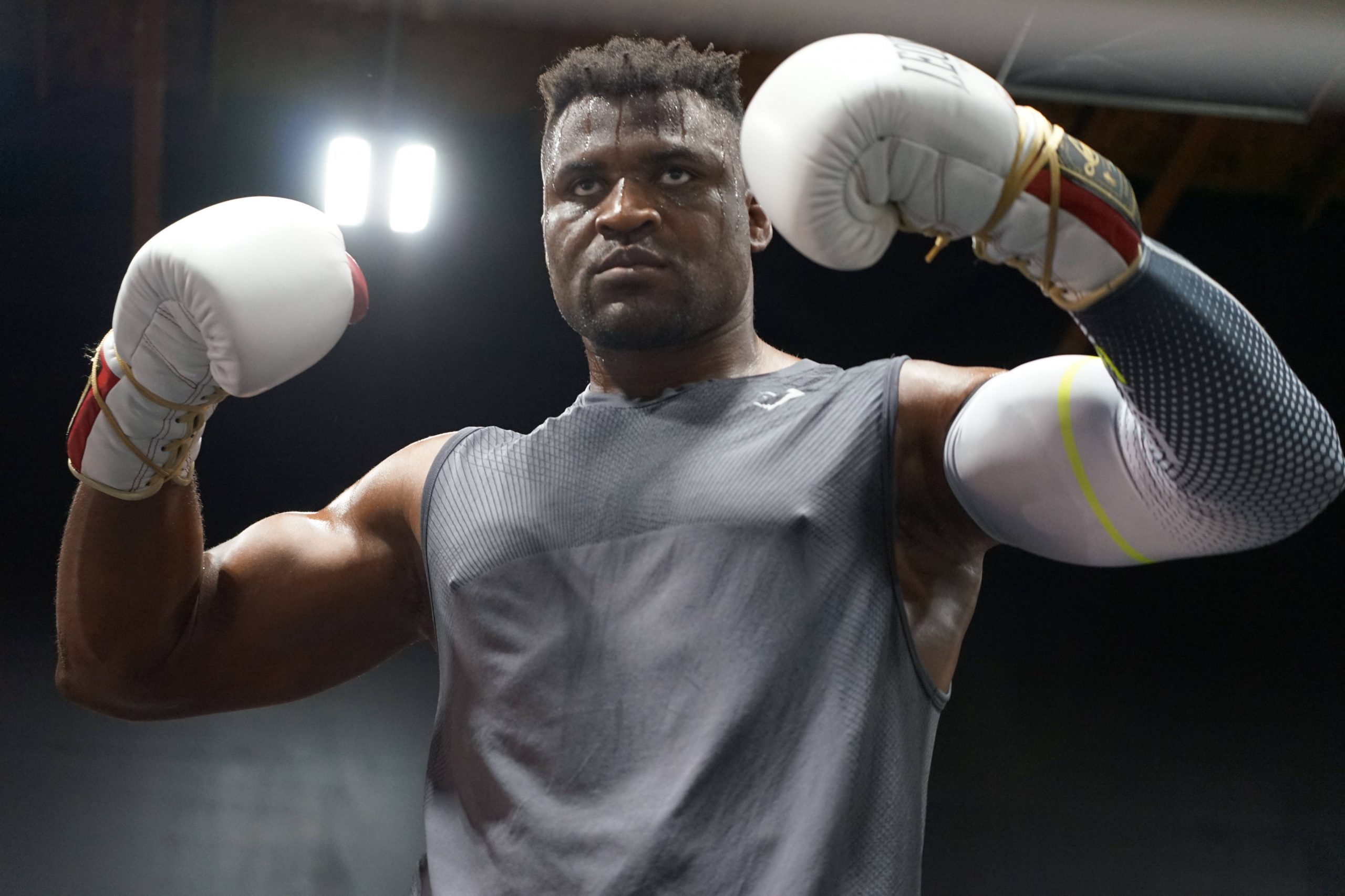LAS VEGAS, NV - SEPTEMBER 26: Francis Ngannou at the Tyson Fury vs. Francis Ngannou open workout on September 26, 2023, at Ngannou™s private gym in...
