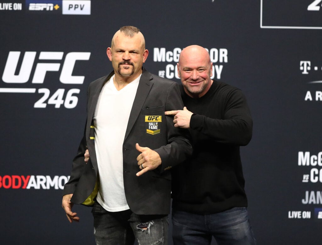 MMA: UFC 246-Weigh Ins, Jan 17, 2020; Las Vegas, Nevada, USA; UFC president Dana White presents former fighter Chuck Liddell his hall of fame jacket at weigh ins for UFC 246 at T-Mobile Arena. Mandatory Credit: Mark J. Rebilas-USA TODAY Sports, 17.01.2020 17:20:43, 13921964, NPStrans, T-Mobile Arena, UFC, TopPic, Chuck Liddell, MMA, Dana White PUBLICATIONxINxGERxSUIxAUTxONLY 13921964