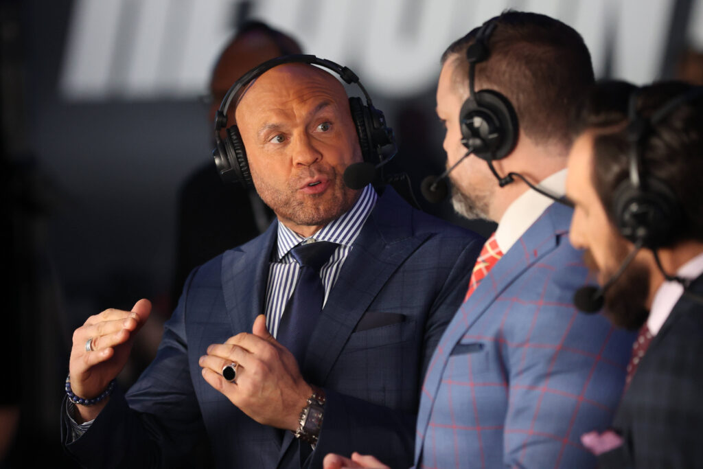 April 1, 2023: PFL analyst and UFC veteran Randy Couture on camera prior to the start of the PFL 1 Regular Season mixed martial arts event at The Theater inside the Virgin Hotel on April 1, 2023 in Las Vegas, NV.