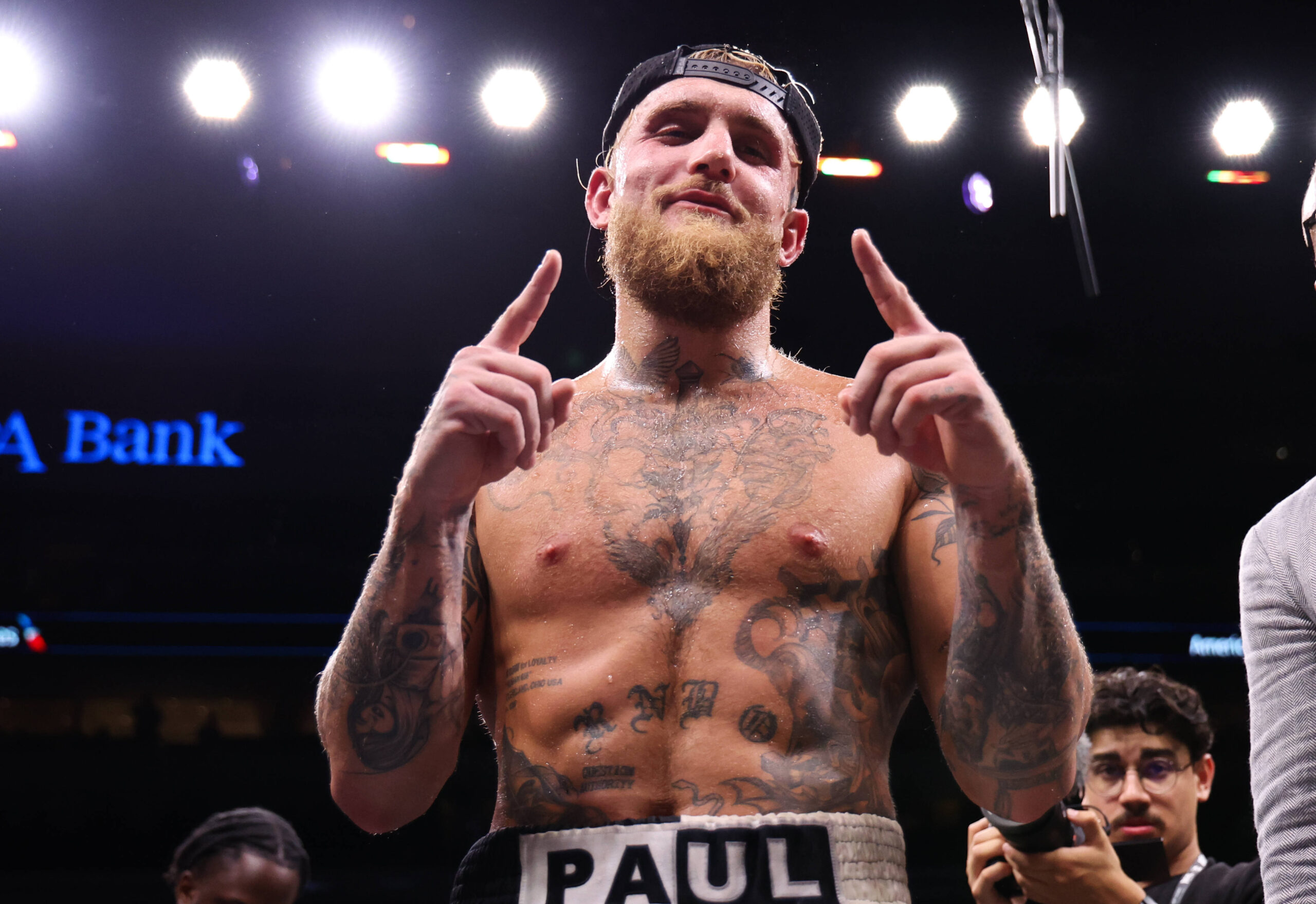 Boxing: Jake Paul vs Nate Diaz Aug 5, 2023; Dallas, Texas, USA; Jake Paul reacts after the win against Nate Diaz in a boxing match at American Airl...