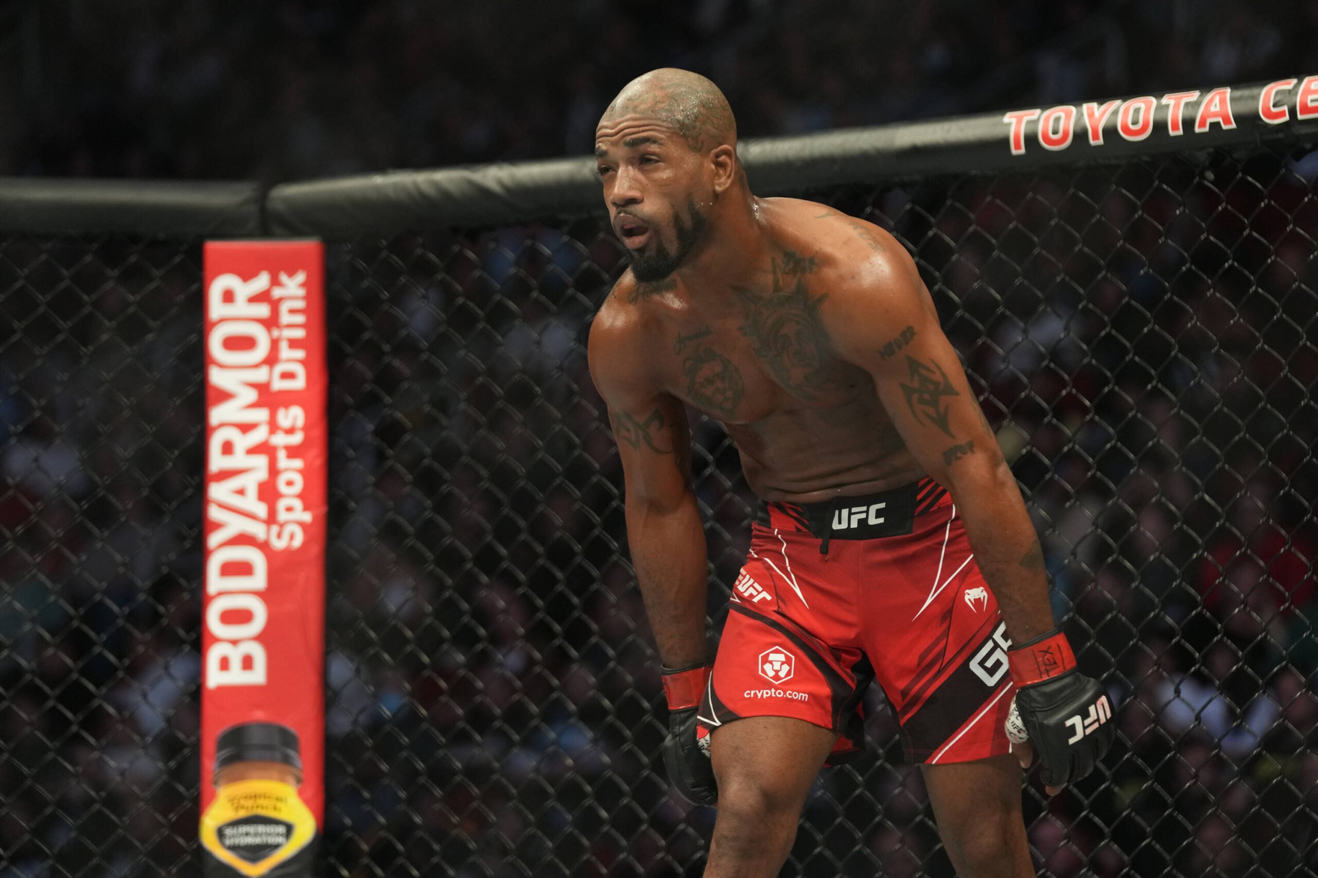 Bobby Green stands in his corner between rounds of his bout against battles Nasrat Haqparast in their lightweight fight during the UFC 271 event at...