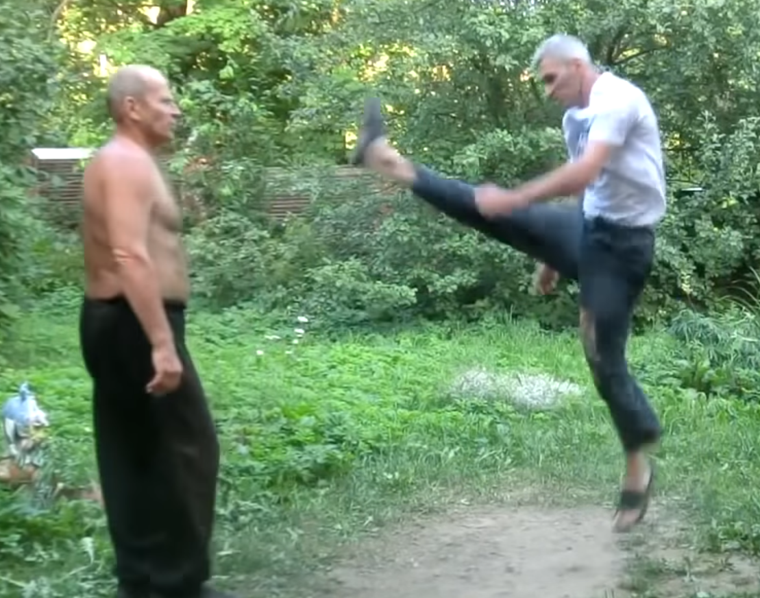 Old men in Russia attempting martial arts techniques