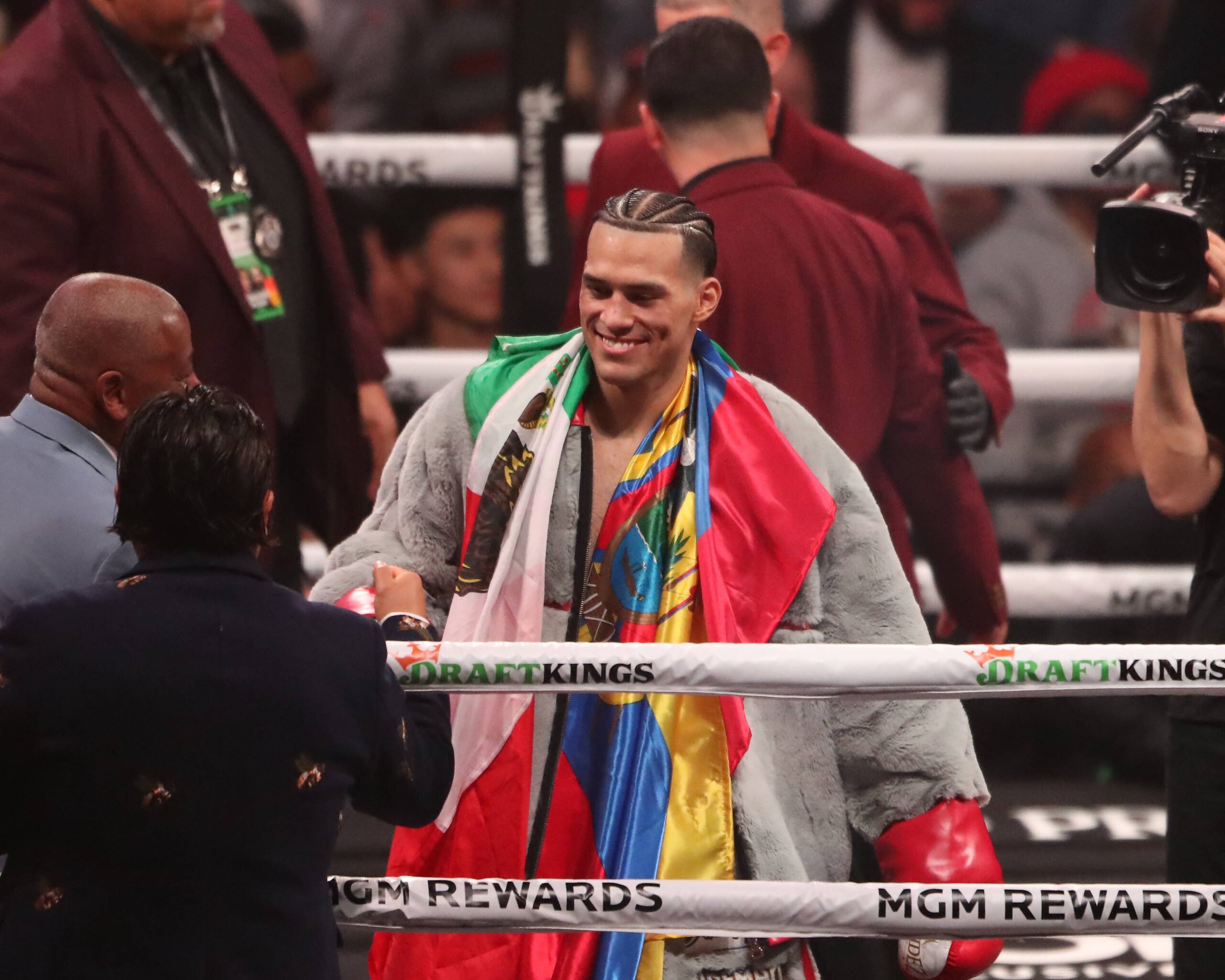 LAS VEGAS, NV - MARCH 25: David Benavidez celebrates his victory over Caleb Plant in their Interim WBC World Super Middleweight Title bout at the M...