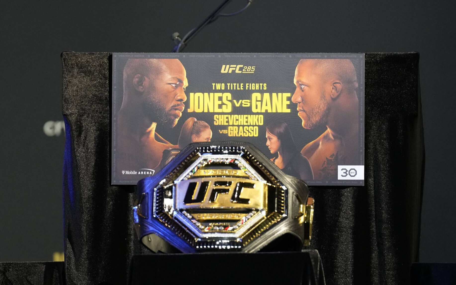 March 2, 2023, Las Vegas, NV, LAS VEGAS, NEVADA, United States: LAS VEGAS, NV - March 2: The championship belt on display at MGM KA Arena for UFC 2...
