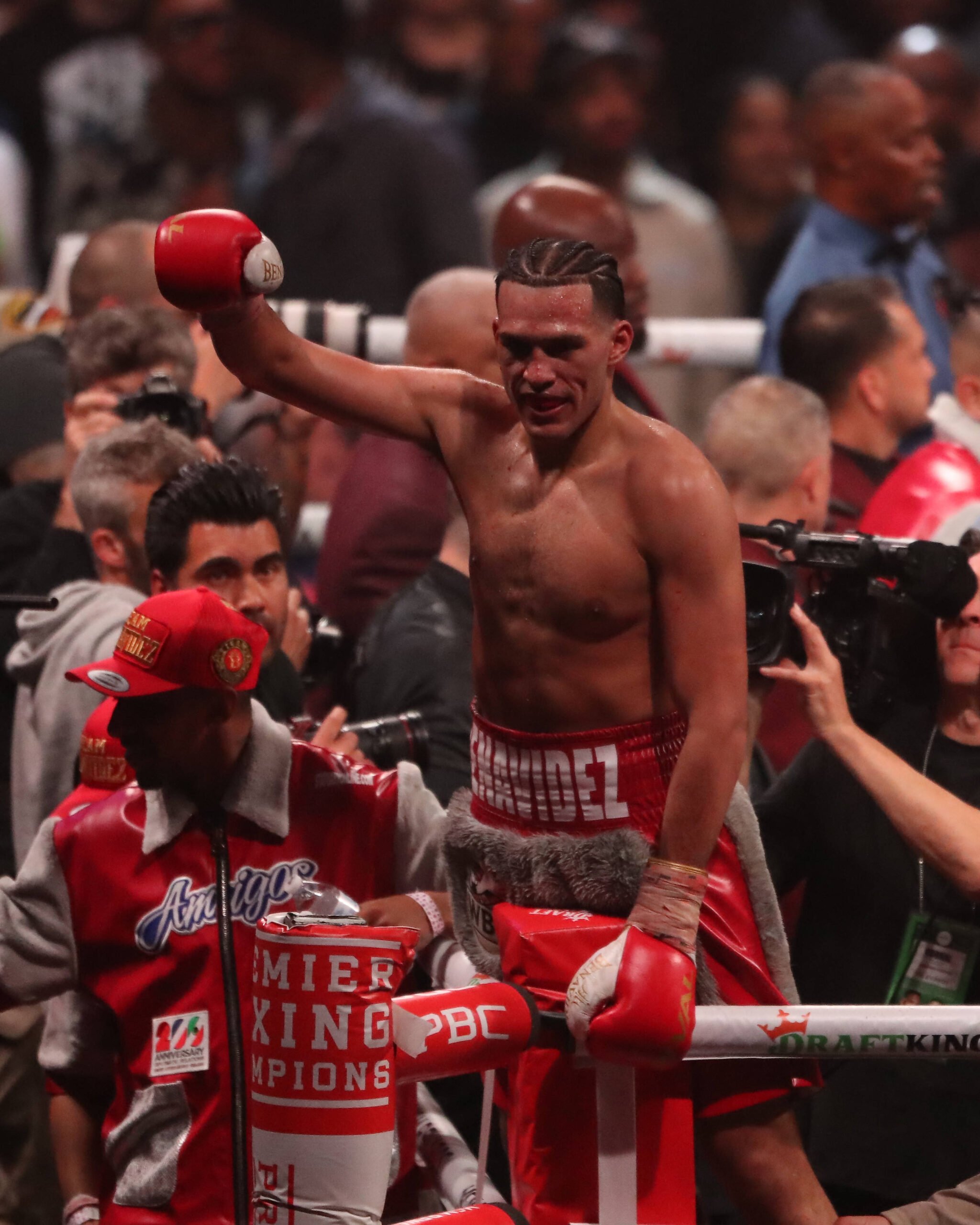 David Benavidez celebrates his win over Caleb Plant earlier this year