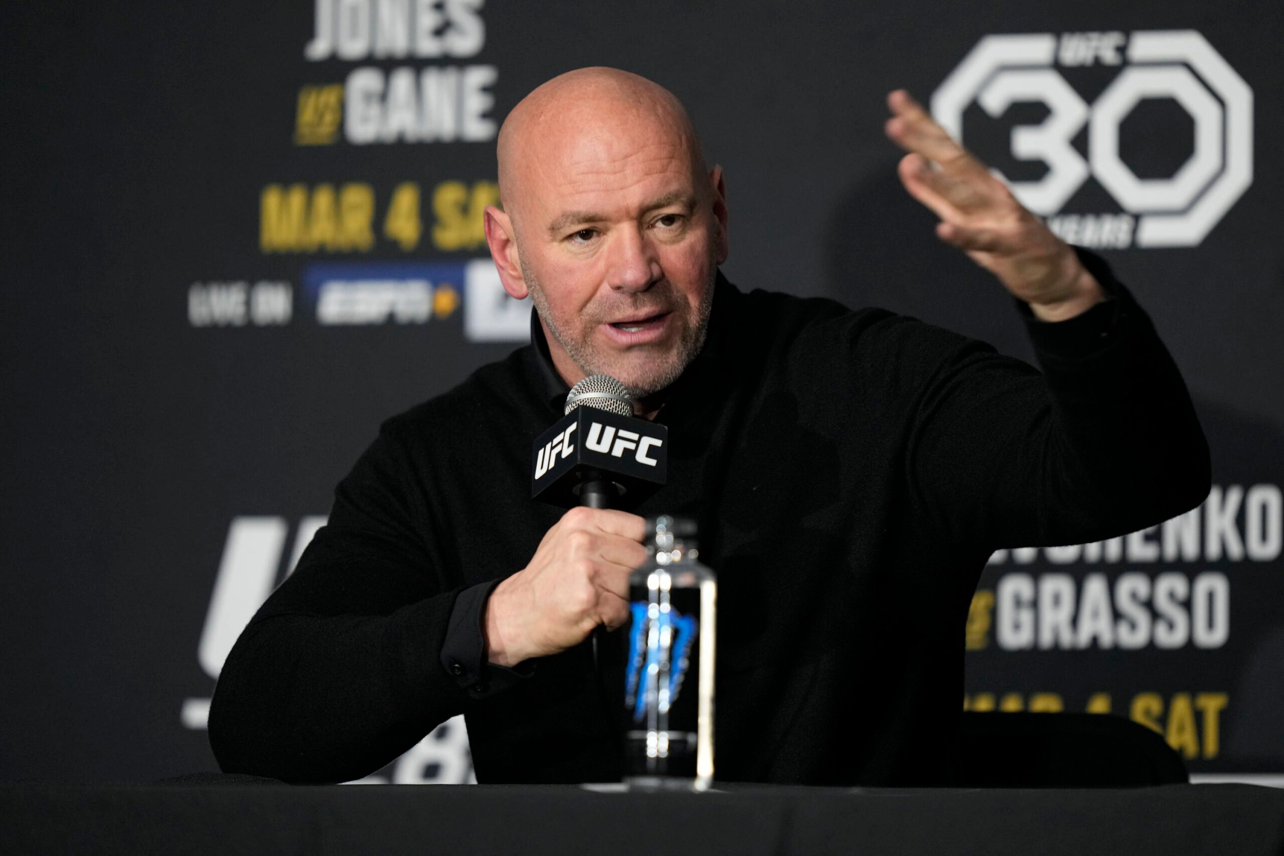 March 4, 2023, Las Vegas, NV, LAS VEGAS, NEVADA, United States: LAS VEGAS, NV - March 4: Dana White meets with the press following the fights at T-...