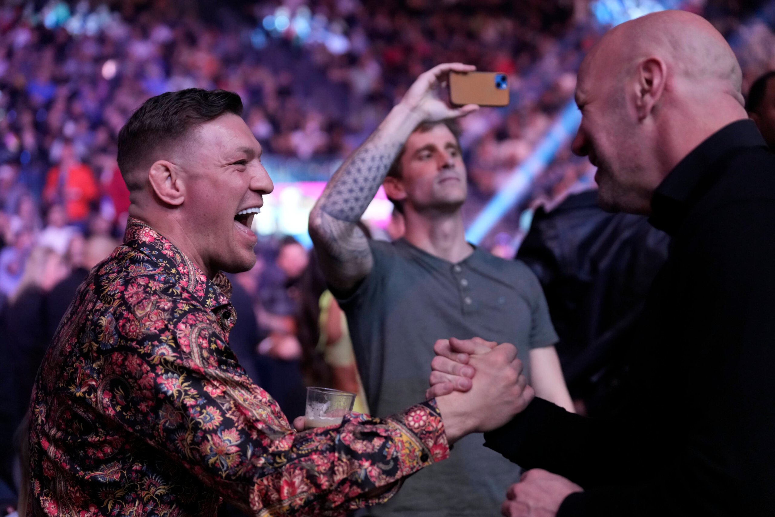 Conor McGregor and Dana White share a laugh dayside at T-Mobile Arena for UFC 285