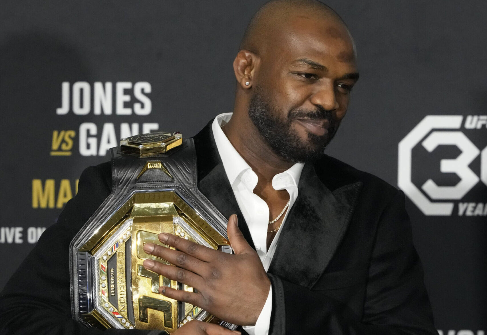 March 5, 2023, Las Vegas, NV, LAS VEGAS, NEVADA, United States: LAS VEGAS, NV - March 5: Jon Jones meets with the media following his win over Cyri...