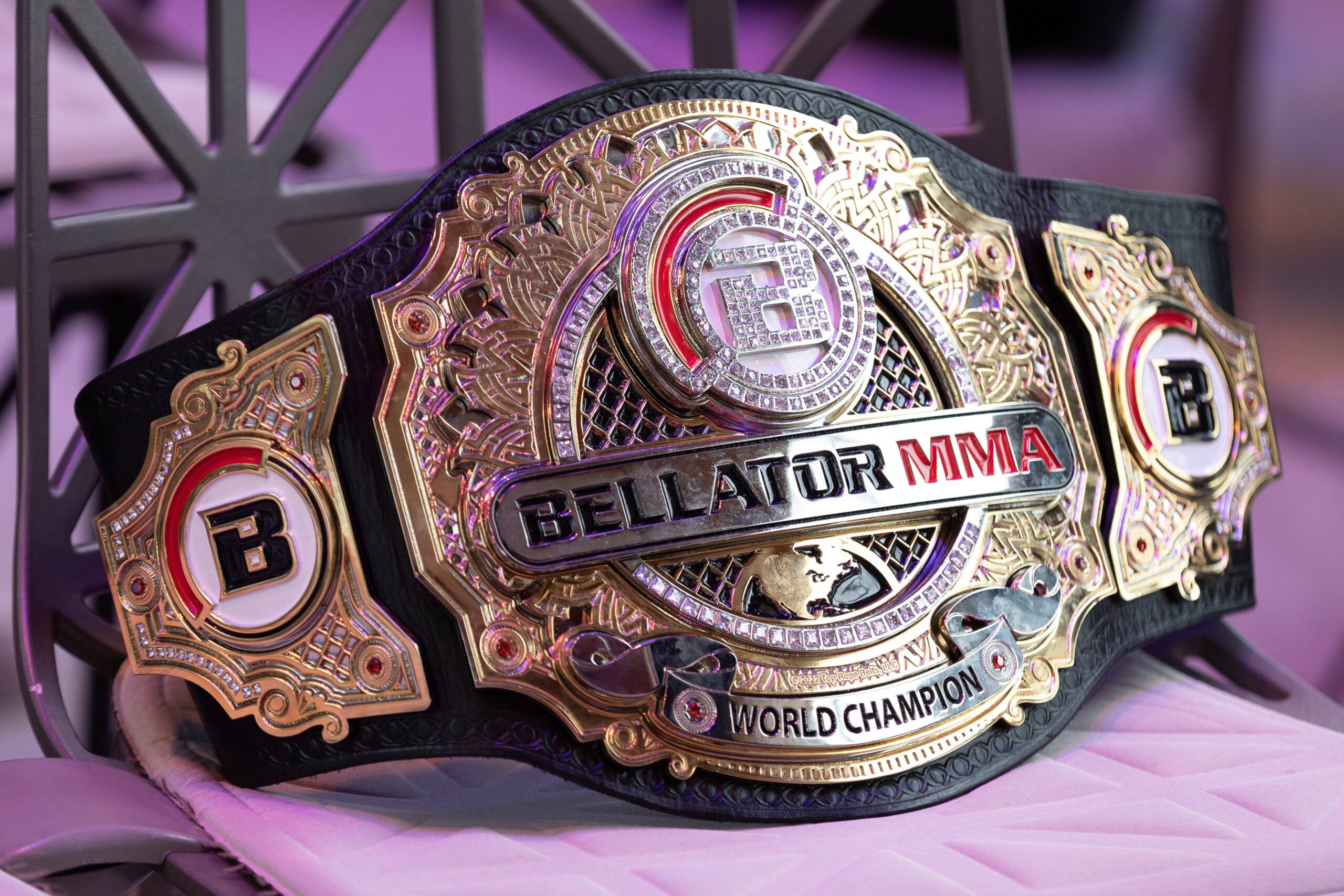 May 9, 2023, Paris, France: Paris, France - May 9: Bellator Grand Prix belt is shown during Bellator 296 press conference, PK, Pressekonferenz even...