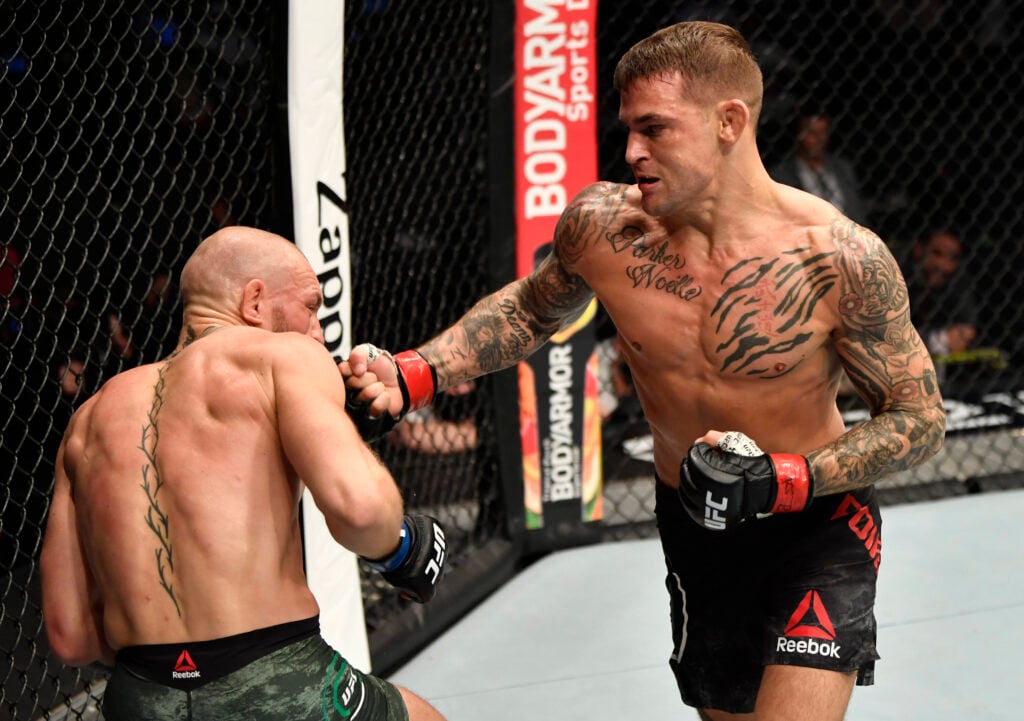 MMA: UFC 257, Jan 23, 2021; Abu Dhabi, United Arab Emirates; Dustin Poirier punches Conor McGregor of Ireland in a lightweight fight during the UFC 257 event inside Etihad Arena on UFC Fight Island. Mandatory Credit: Jeff Bottari Handout Photo via USA TODAY Sports, 23.01.2021 09:36:29, 15477125, NPStrans, TopPic, Ireland, Dustin Poirier, MMA, Conor McGregor PUBLICATIONxINxGERxSUIxAUTxONLY 15477125