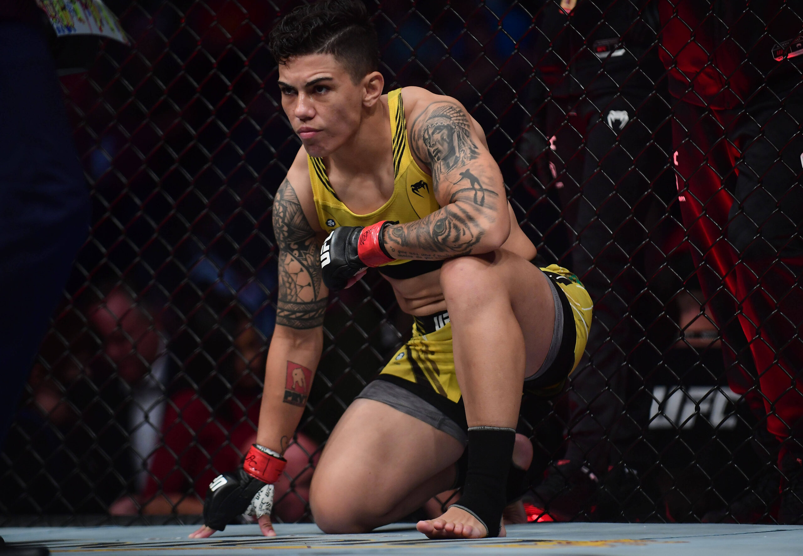MMA: UFC 266-Andrade vs Calvillo, Sep 25, 2021; Las Vegas, Nevada, USA; Jessica Andrade reacts before fighting against Cynthia Calvillo during UFC ...