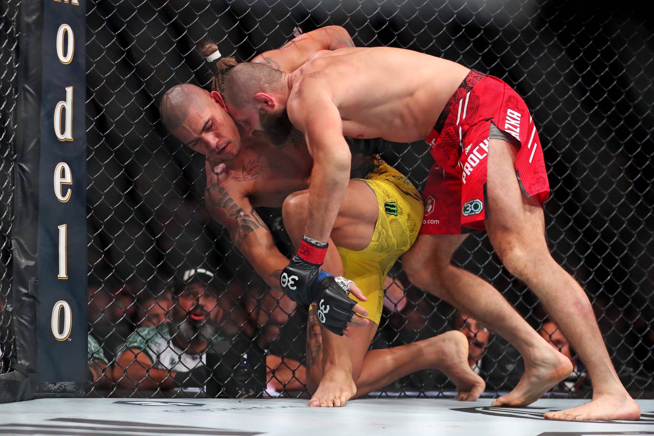 Jiri Prochazka (red gloves) fights Alex Pereira (blue gloves) during UFC 295 at Madison Square Garden.