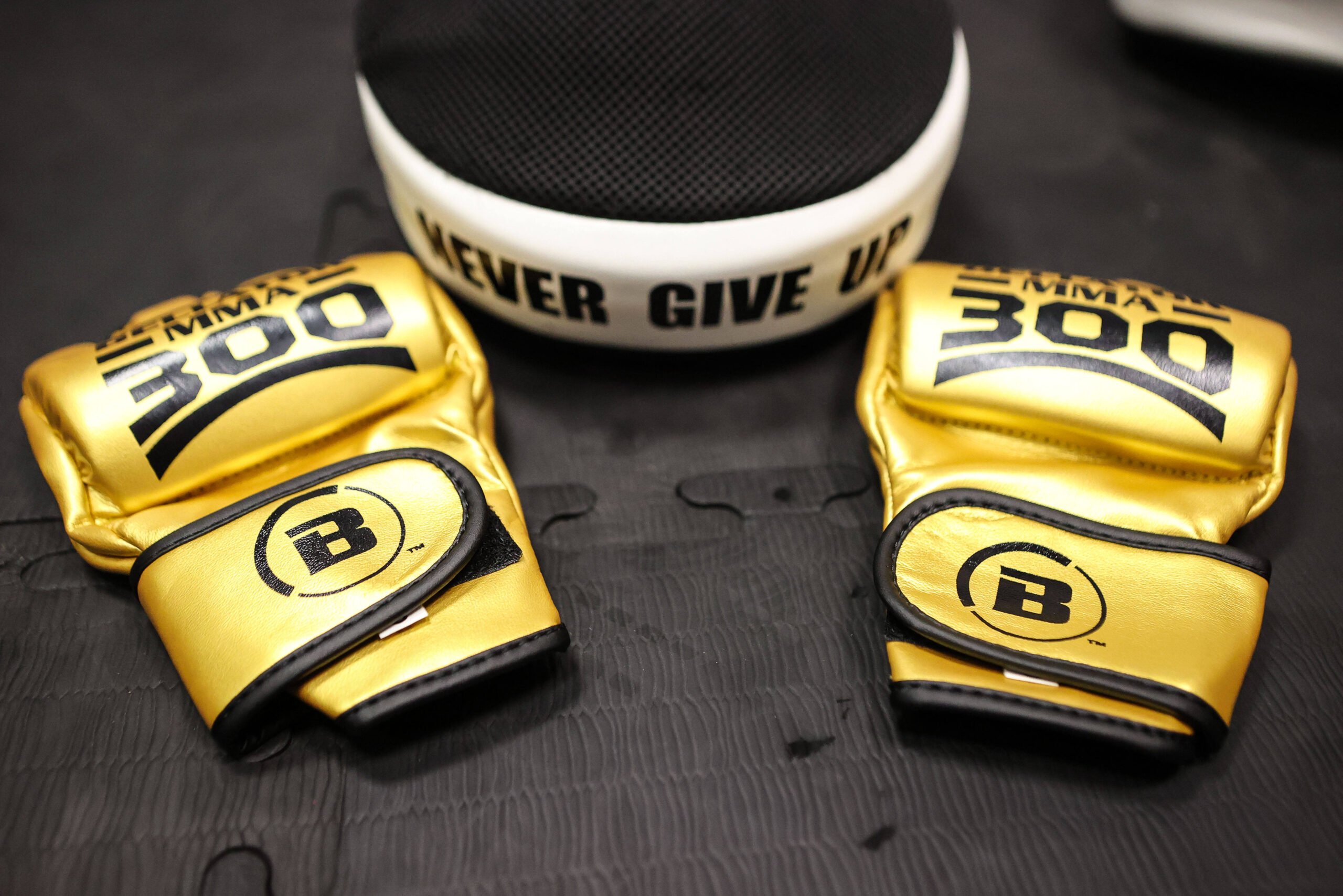 October 7, 2023: Bellator MMA 300 special edition gold gloves on display prior to the start of the Bellator 300 event at Pechanga Arena on October ...