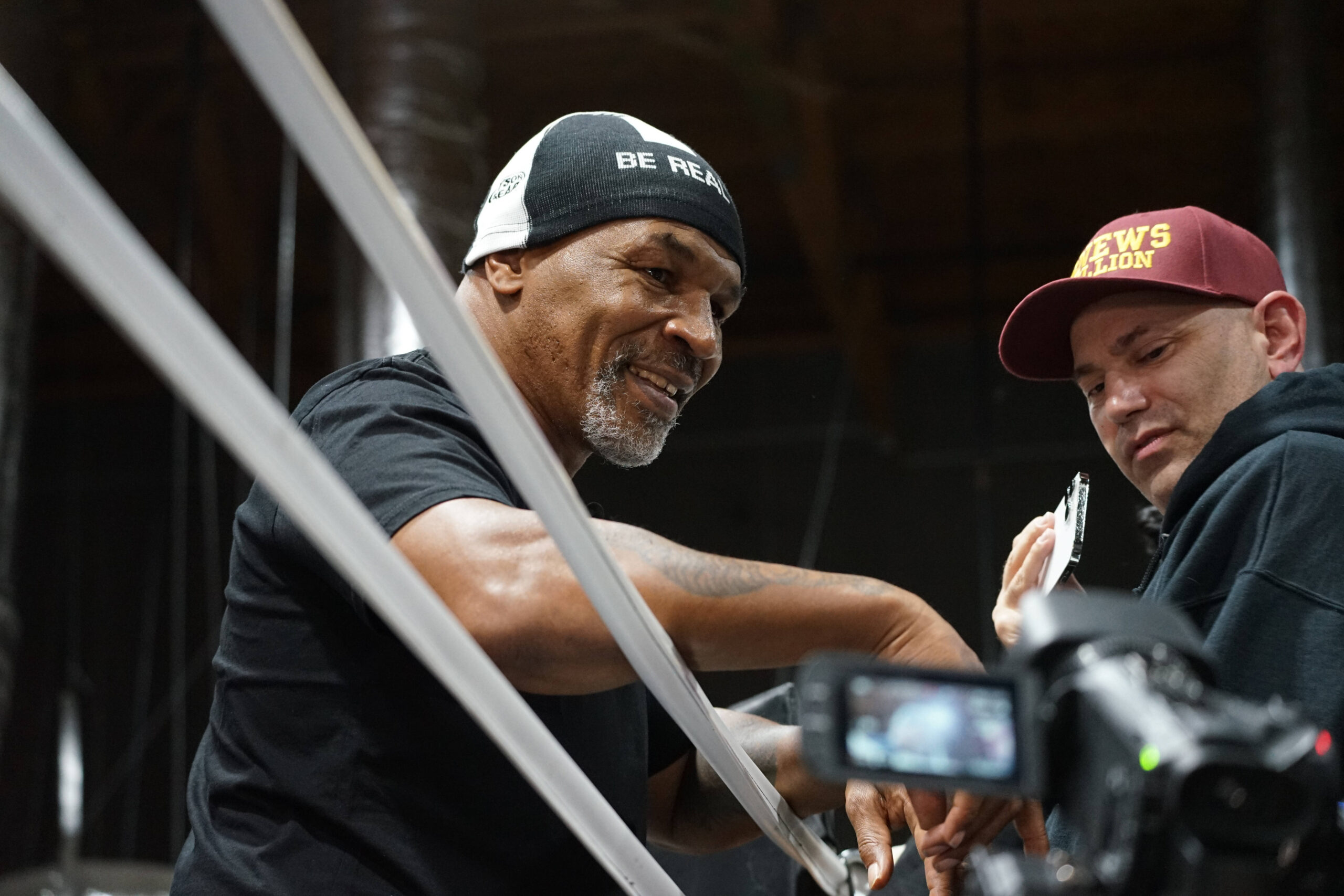 Mike Tyson at the Tyson Fury vs. Francis Ngannou open workout on September 26, 2023, at Ngannou™s private gym in Las Vegas, NV.