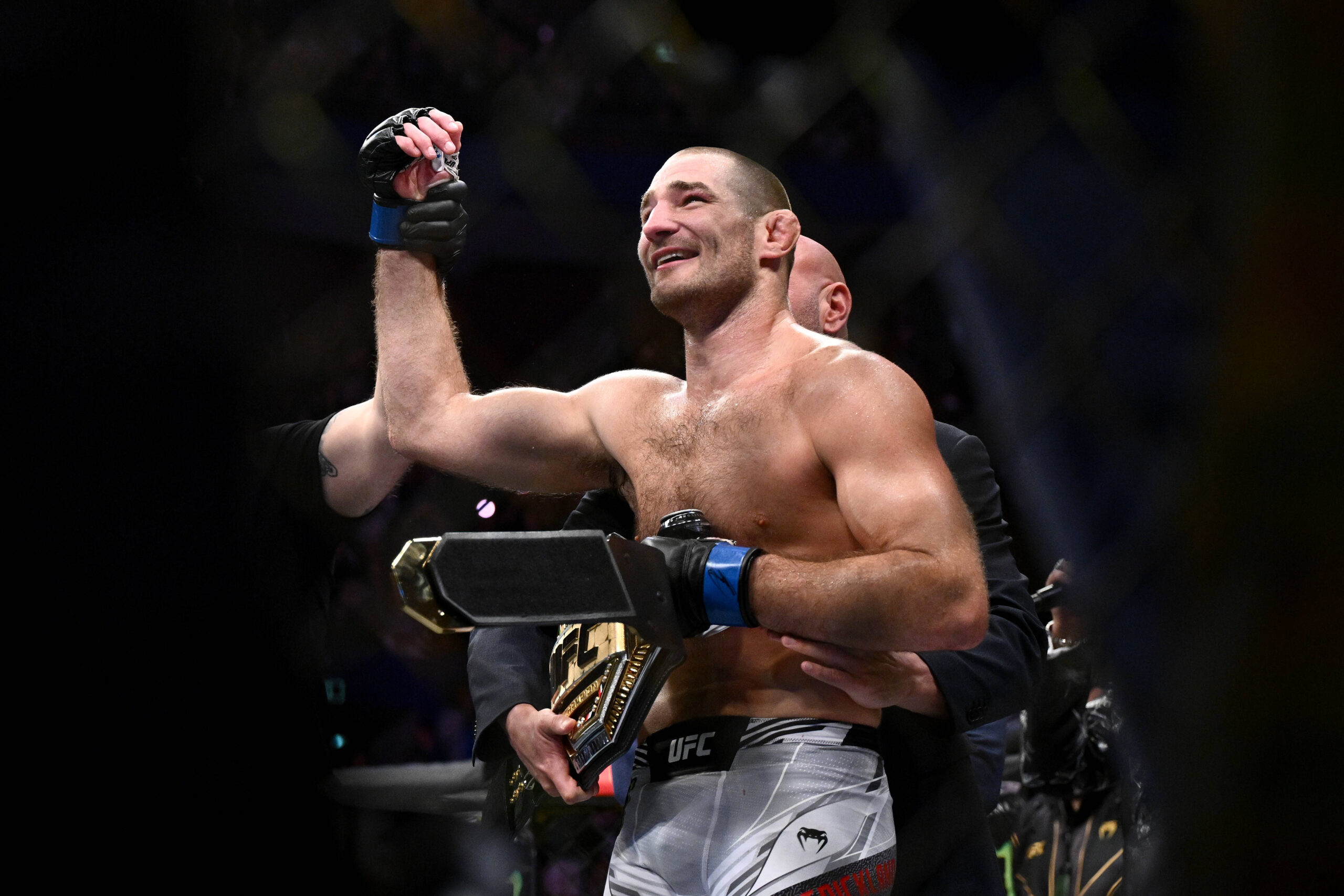 UFC 293 SYDNEY, Sean Strickland of the USA reacts after defeating Israel Adesanya of Nigeria during the Middleweight Title bout of UFC 293 at Qudos...