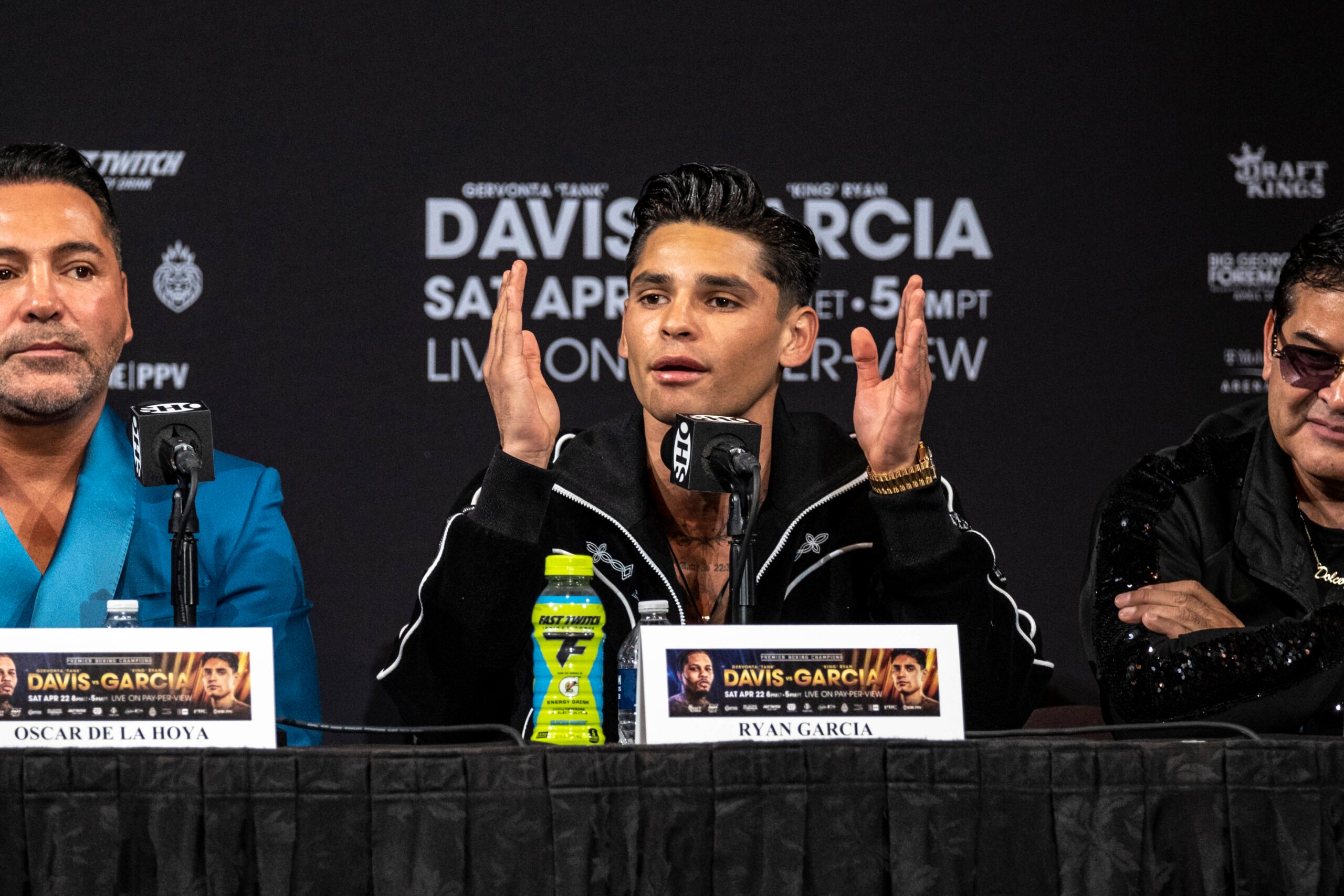 April 20, 2023, Las Vegas, Nevada, USA: Ryan Garcia addresses the media at the final press conference, PK, Pressekonferenz for his fight with Gervo...