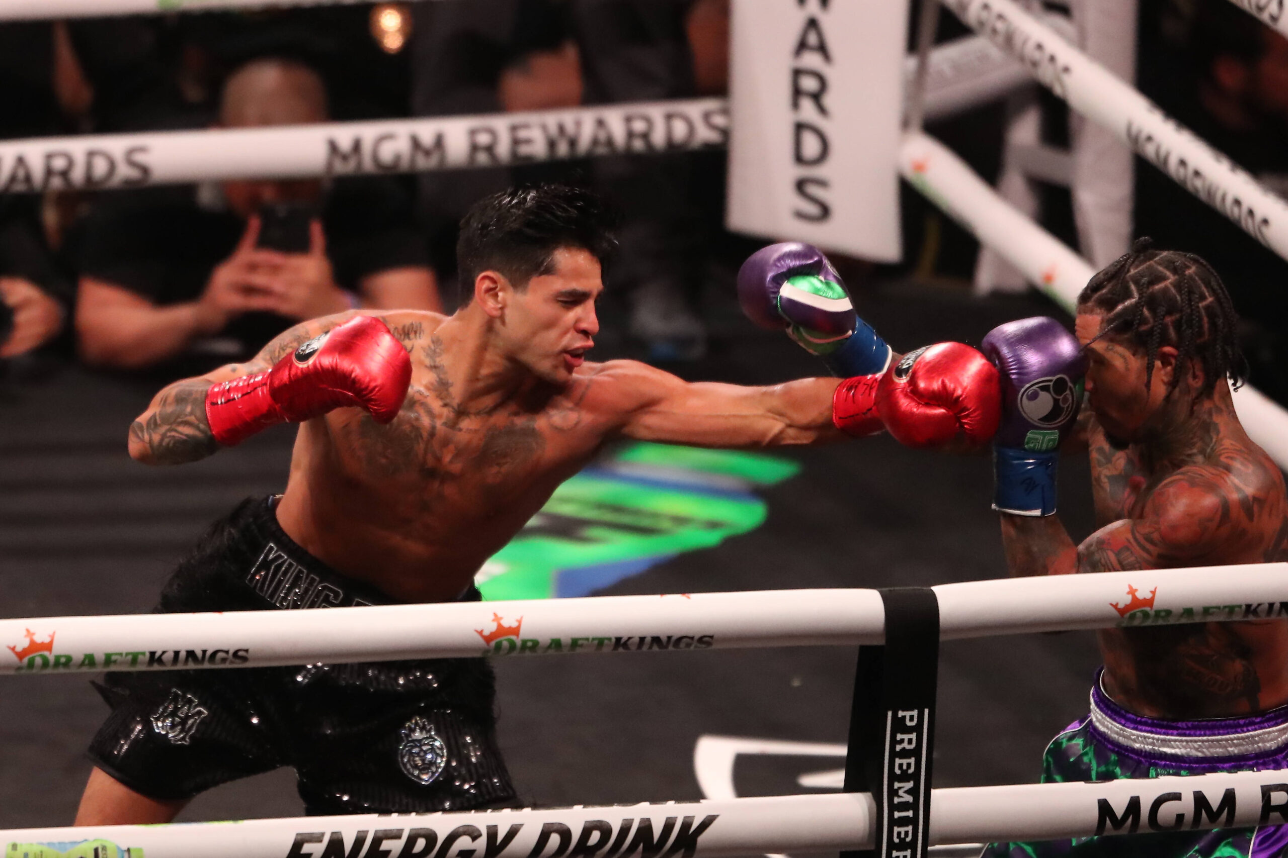 April 22, 2023, Las Vegas, Nevada, LAS VEGAS, NEVADA, United States: LAS VEGAS, NEVADA -April 22: (L-R) Ryan Garcia punches Gervonta Davis fight in...