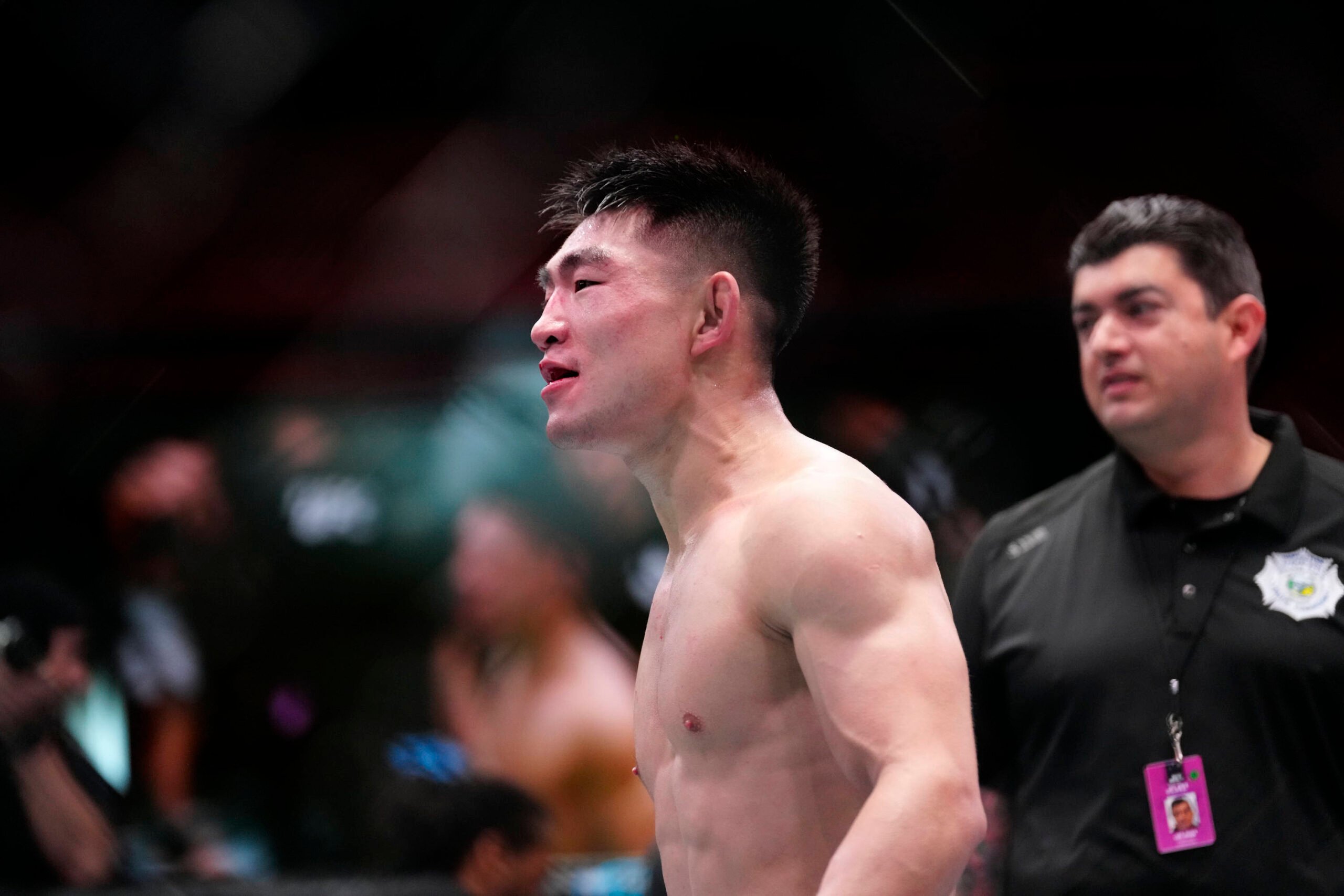 April 29, 2023, Las Vegas, NV, LAS VEGAS, NV, United States: LAS VEGAS, NV - April 29: Song Yadong celebrates his victory over Ricky Simon fight in...