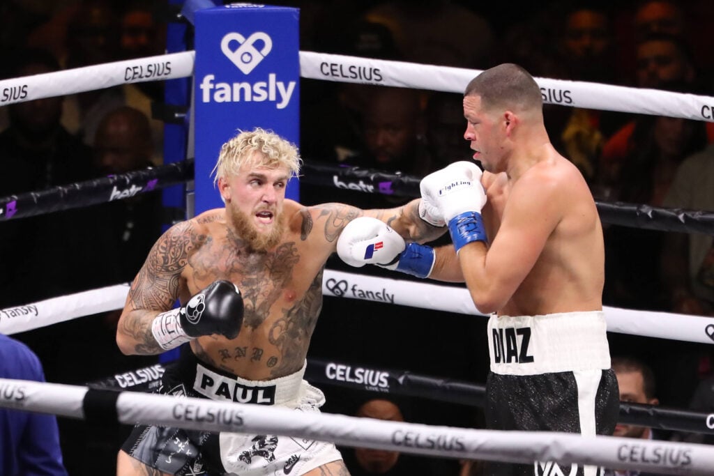 Jake Paul punches Nate Diaz in their 8-round main-event Cruiserweight bout at Paul vs Diaz at American Airlines Center on August 5, 2023 in Dallas, Texas.