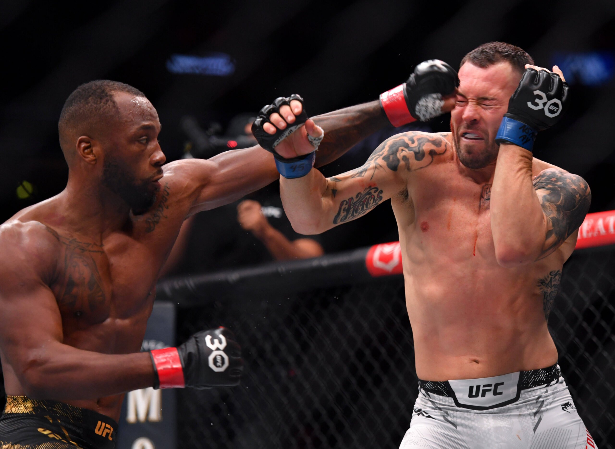 LEON EDWARDS (21-3-0) of Erdington, birmingham, England (L) defeats COLBY COVINGTON (17-3-0) of Miami, Florida USA (R) by a unanimous decision (49-...