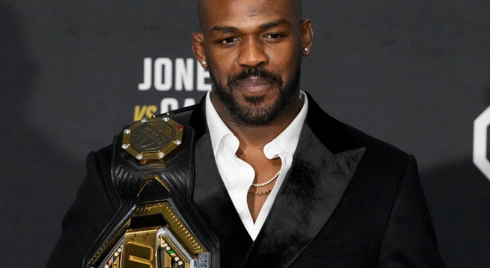 March 5, 2023, Las Vegas, NV, LAS VEGAS, NEVADA, United States: LAS VEGAS, NV - March 5: Jon Jones meets with the media following his win over Cyri...