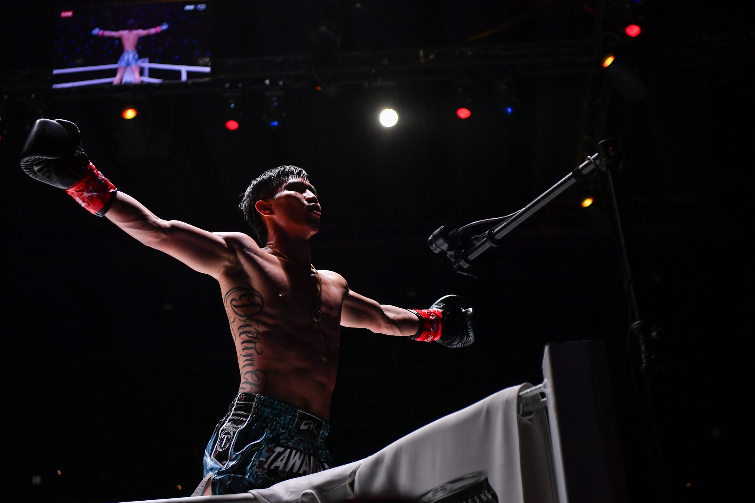 October 7, 2023, Bangkok, Thailand: Tawanchai PK Saenchai of Thailand waves at the crowd during the One fight night 15 at Lumpinee Boxing Stadium. ...