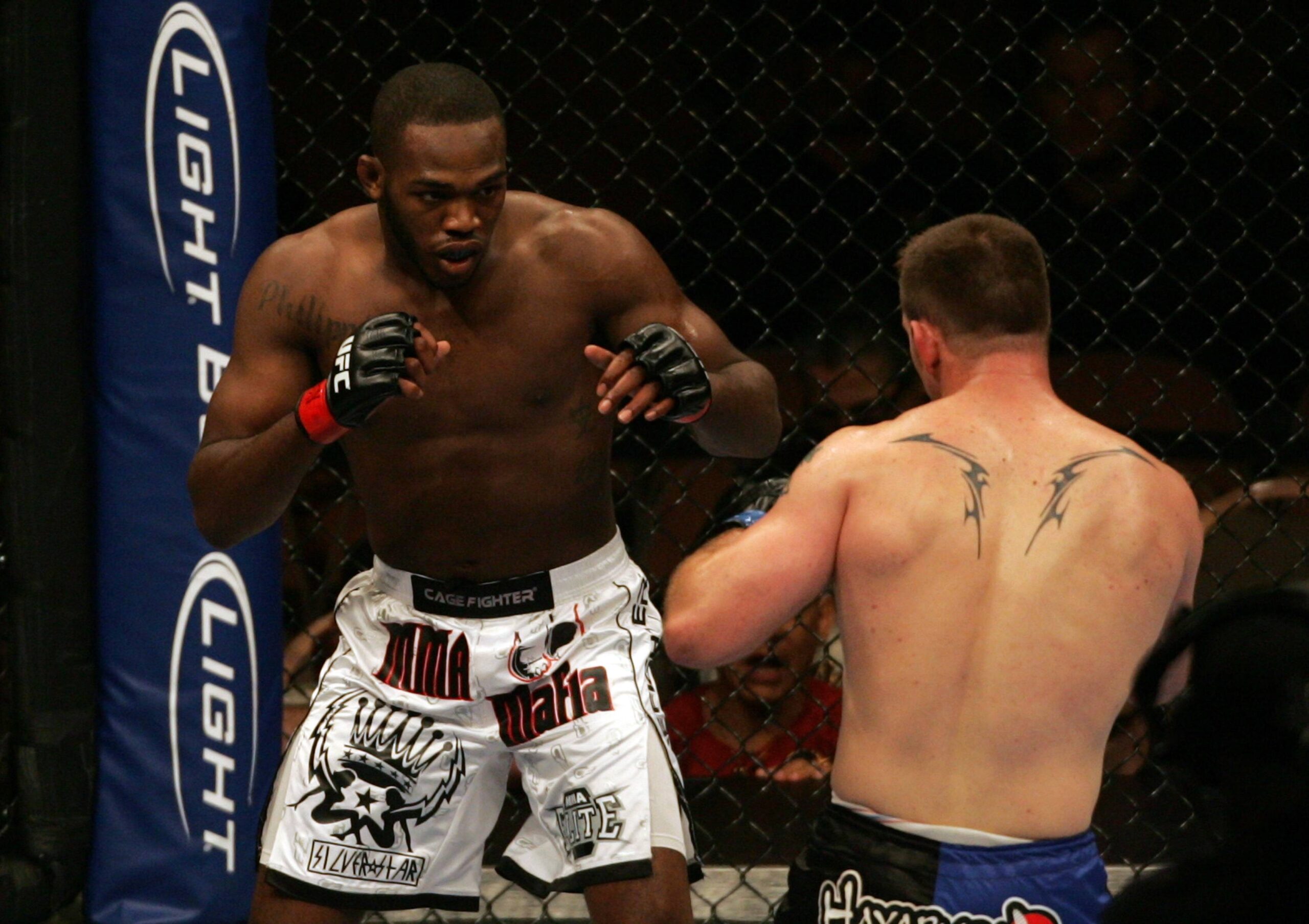 11 July 2009: Light Heavyweights Jon Jones in white trunks and Jake O Brien during their bout at the UFC 100 event at the Mandalay Bay Events Cente...