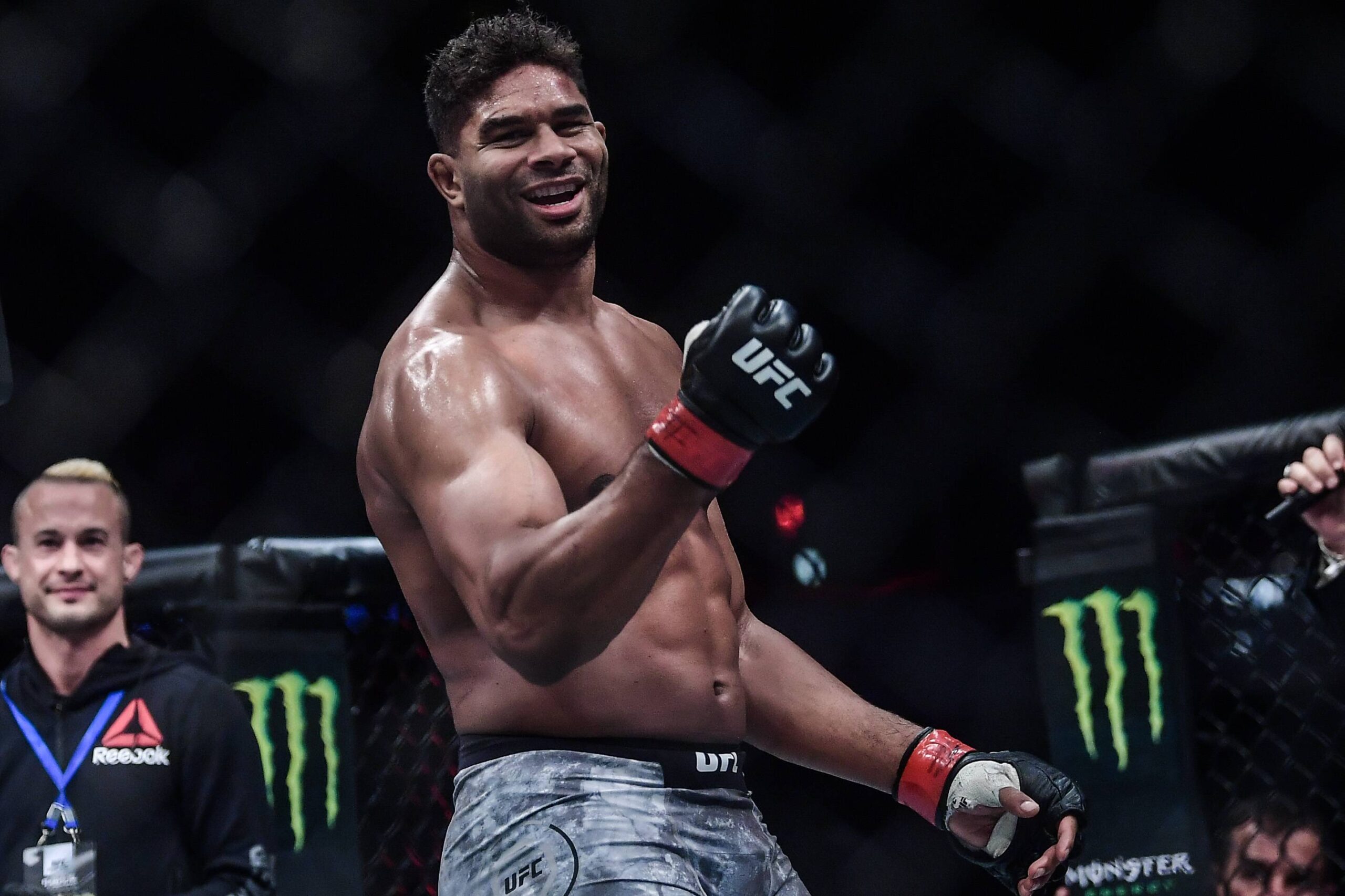 Alistair Overeem of Holland (red gloves) reacts after defeating Sergei Pavlovich of Russia (blue gloves) during the UFC Fight Night at Cadillac Are...
