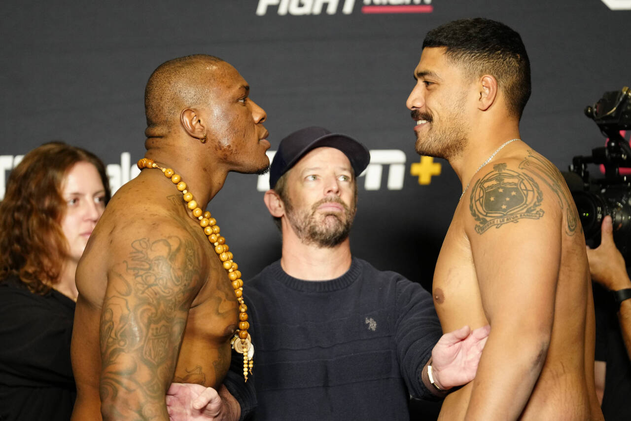 April 21, 2023, Las Vegas, NV, LAS VEGAS, NV, United States: LAS VEGAS, NV - APRIL 21: (L-R) Mohammed Usman and Junior Tafa face-off following the ...