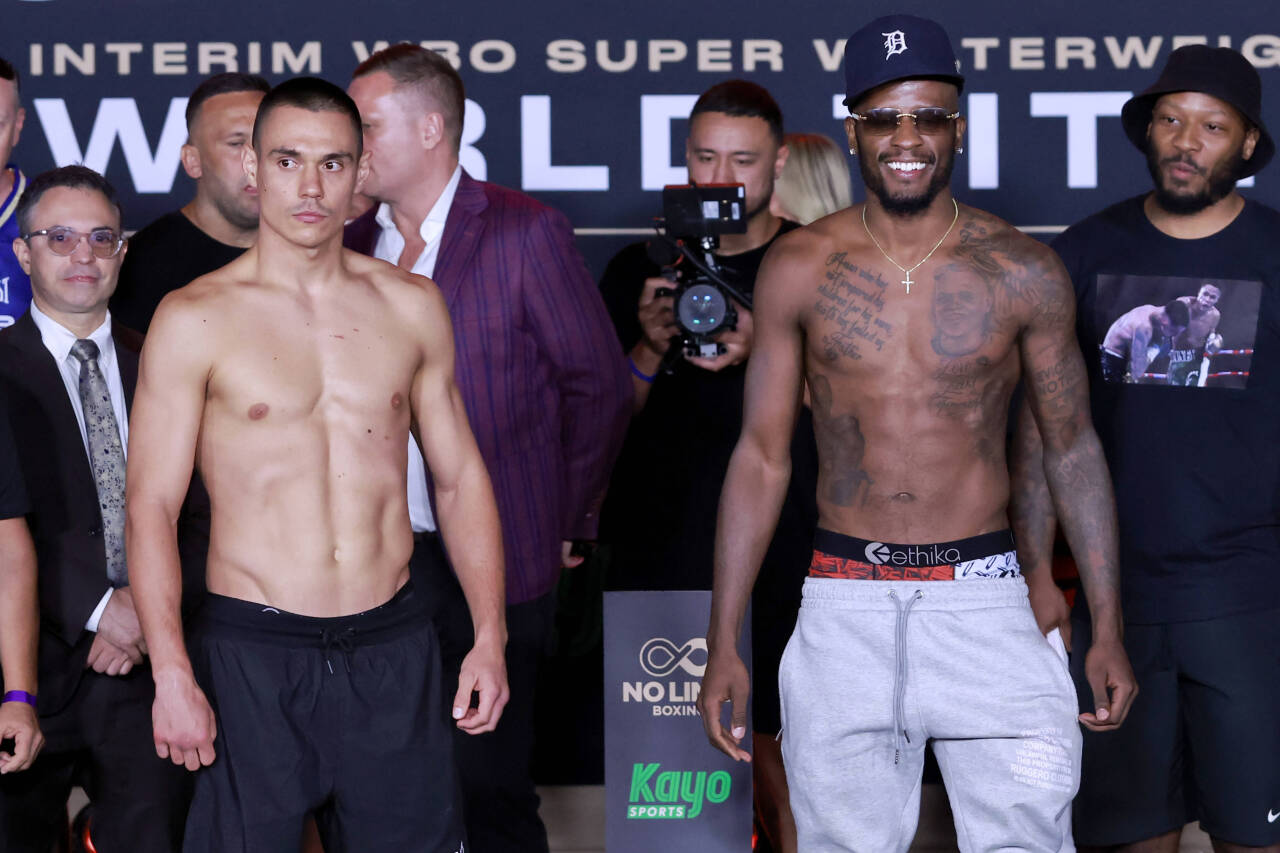BOXING TSZYU HARRISON WEIGH IN, Australian boxer Tim Tszyu and United States boxer Tony Harrison pose during the offical weigh-In in Sydney, Saturd...