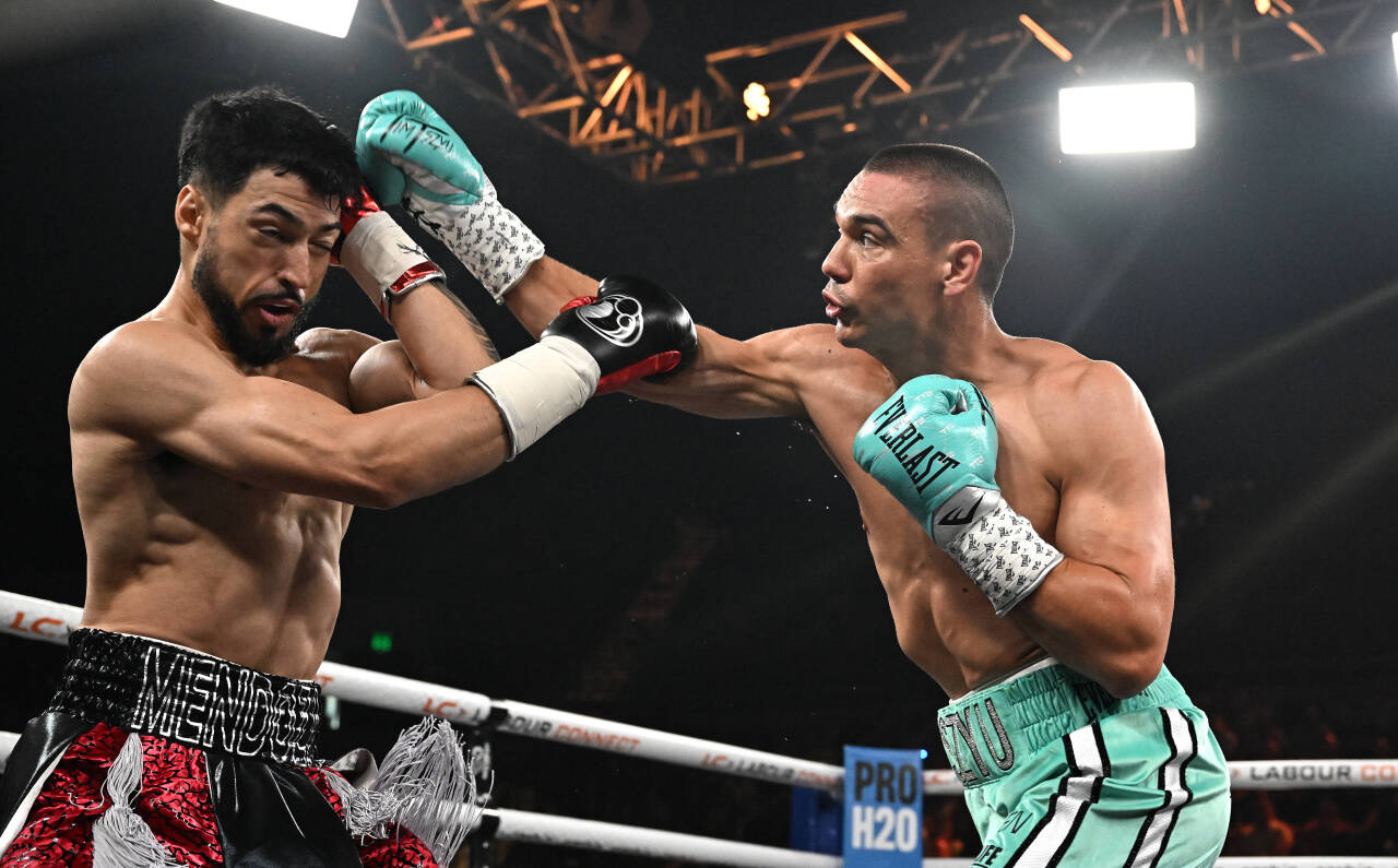 BOXING TSZYU MENDOZA, Tim Tszyu of Australia (right) during the WBO super welterweight world title fight between Tim Tszyu and Brian Mendoza at the...
