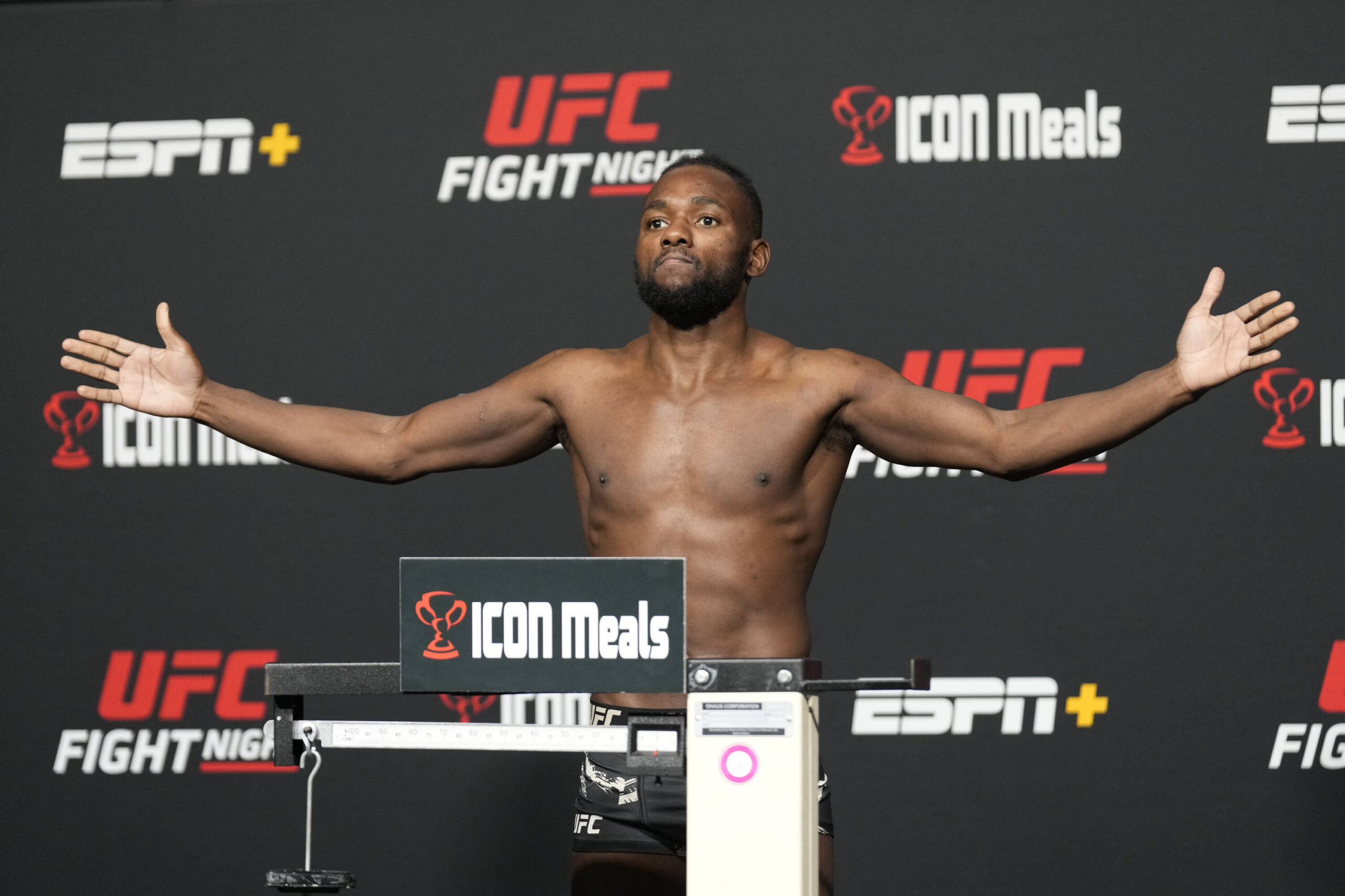 December 16, 2022, Las Vegas, NV, LAS VEGAS, NV, United States: LAS VEGAS, NV - DECEMBER 16: Manel Kape steps on the scale for the official weigh-i...