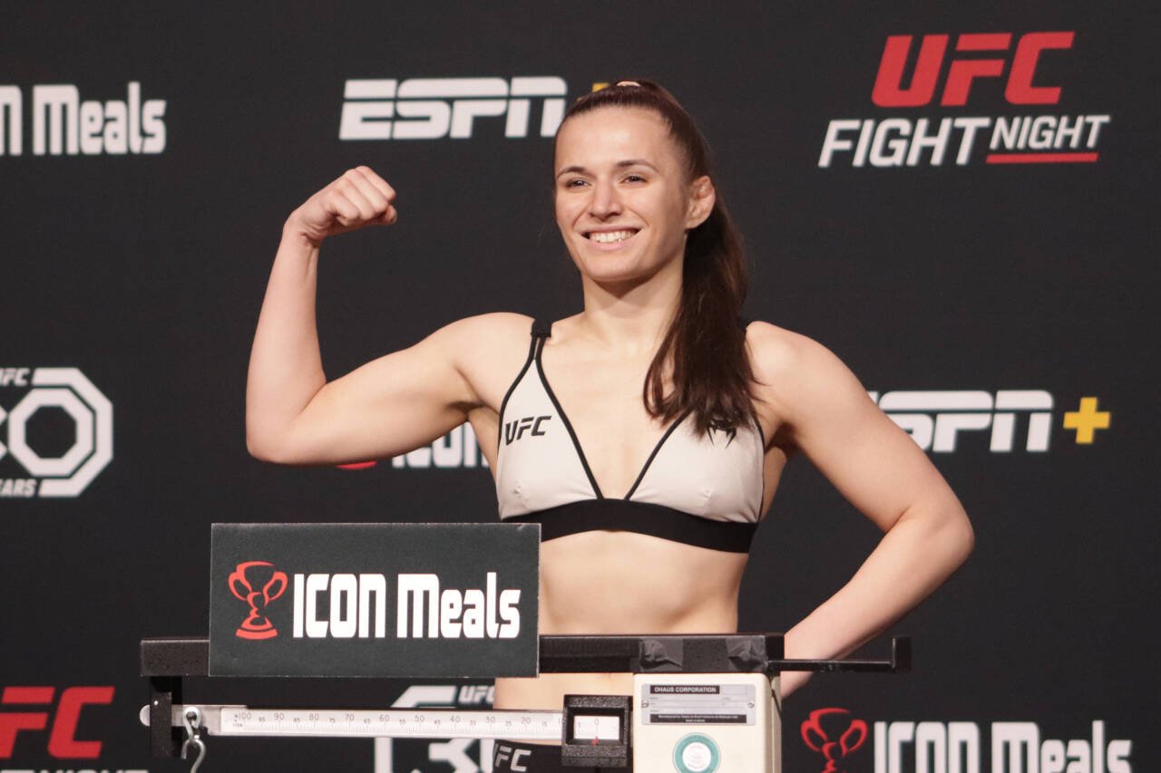 February 17, 2023, Las Vegas, Nevada, Las Vegas, NV, USA: LAS VEGAS, NV - FEBRUARY 17: UFC fighter Erin Blanchfield poses on the scale during the U...